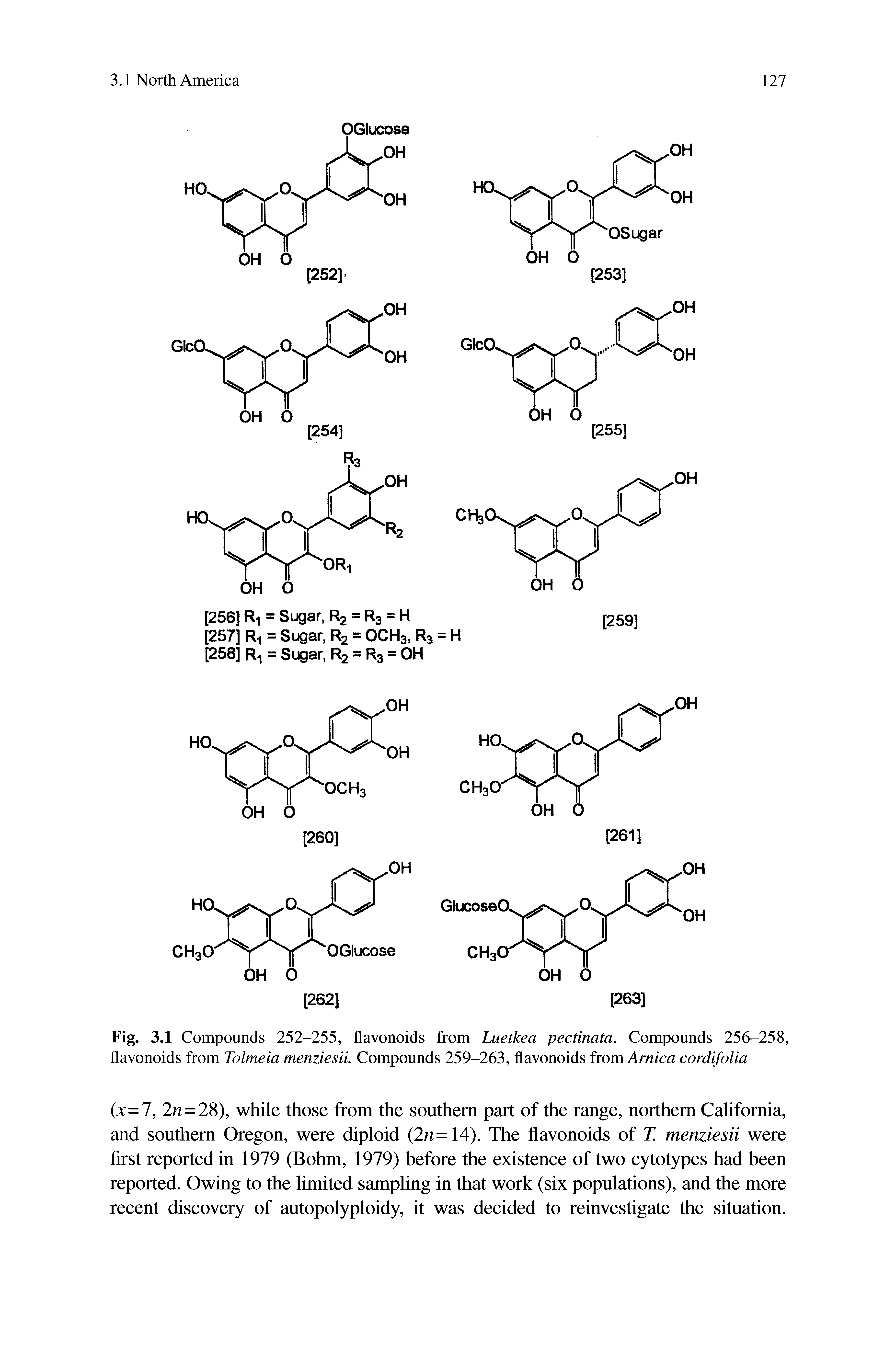 Fig. 3.1 Compounds 252-255, flavonoids from Luetkea pectinata. Compounds 256-258, flavonoids from Tolmeia menziesii. Compounds 259-263, flavonoids from Arnica cordifolia...