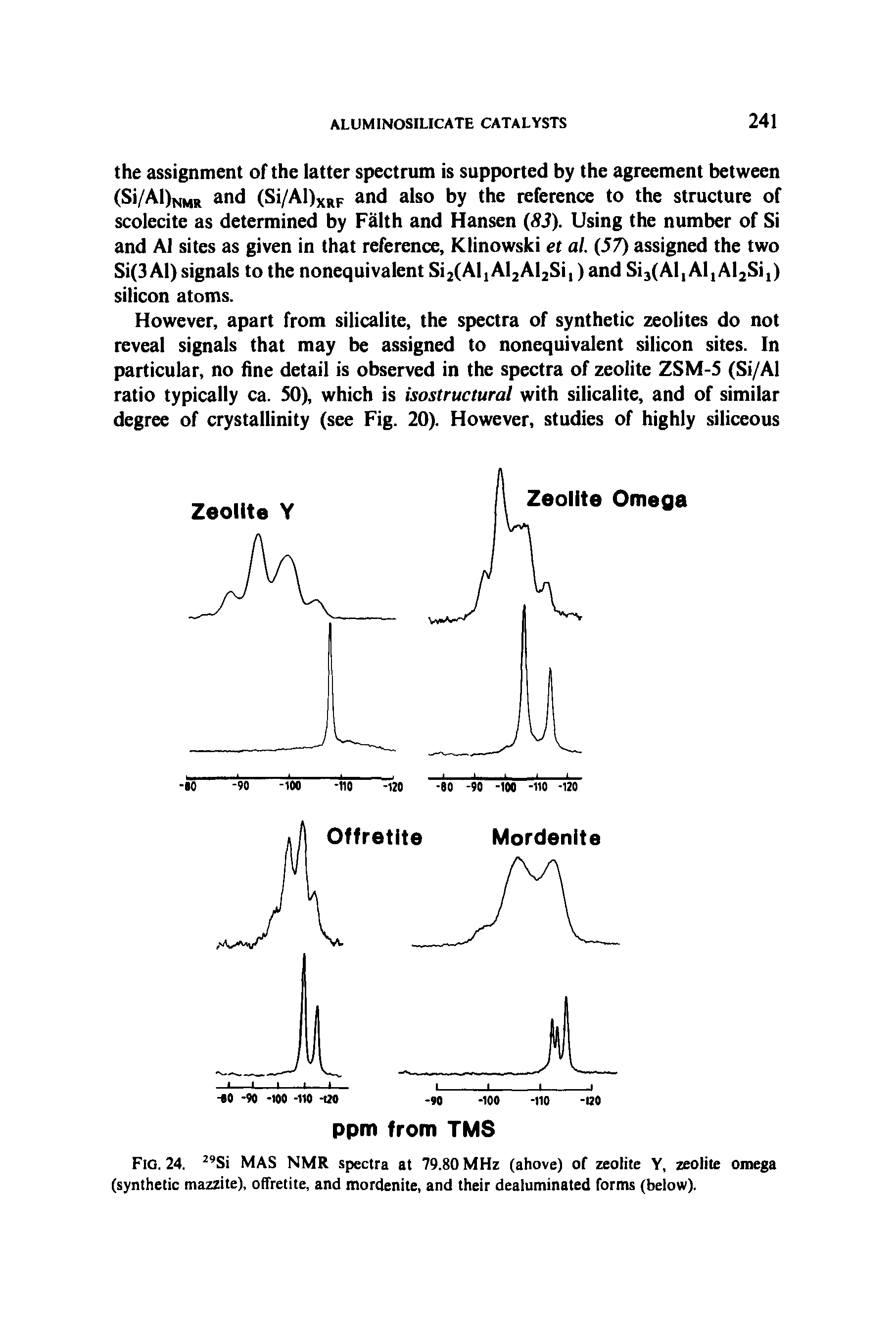 Fig. 24. 29Si MAS NMR spectra at 79.80 MHz (ahove) of zeolite Y, zeolite omega (synthetic mazzite), offretite, and mordenite, and their dealuminated forms (below).
