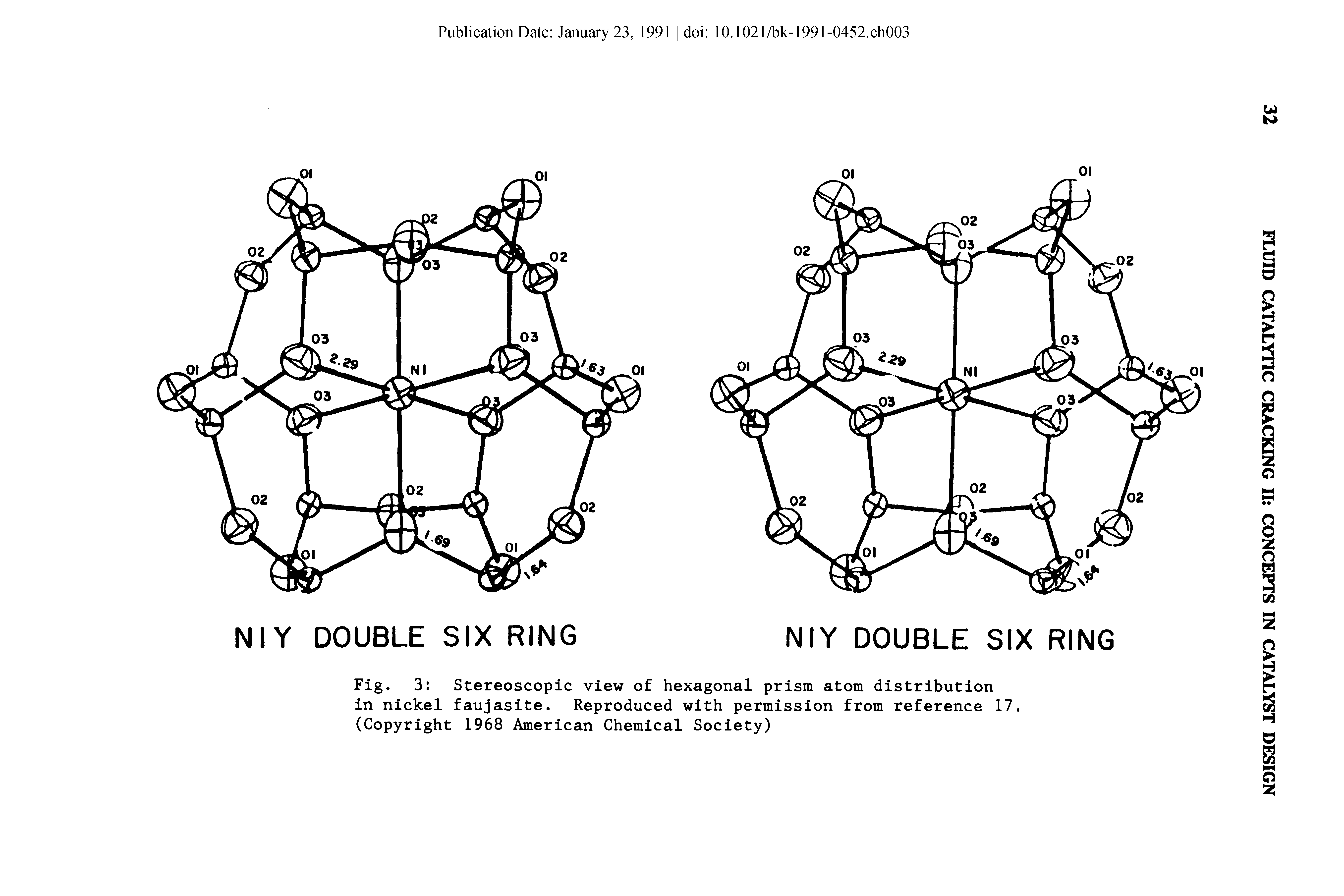 Fig. 3 Stereoscopic view of hexagonal prism atom distribution in nickel faujasite. Reproduced with permission from reference 17. (Copyright 1968 American Chemical Society)...