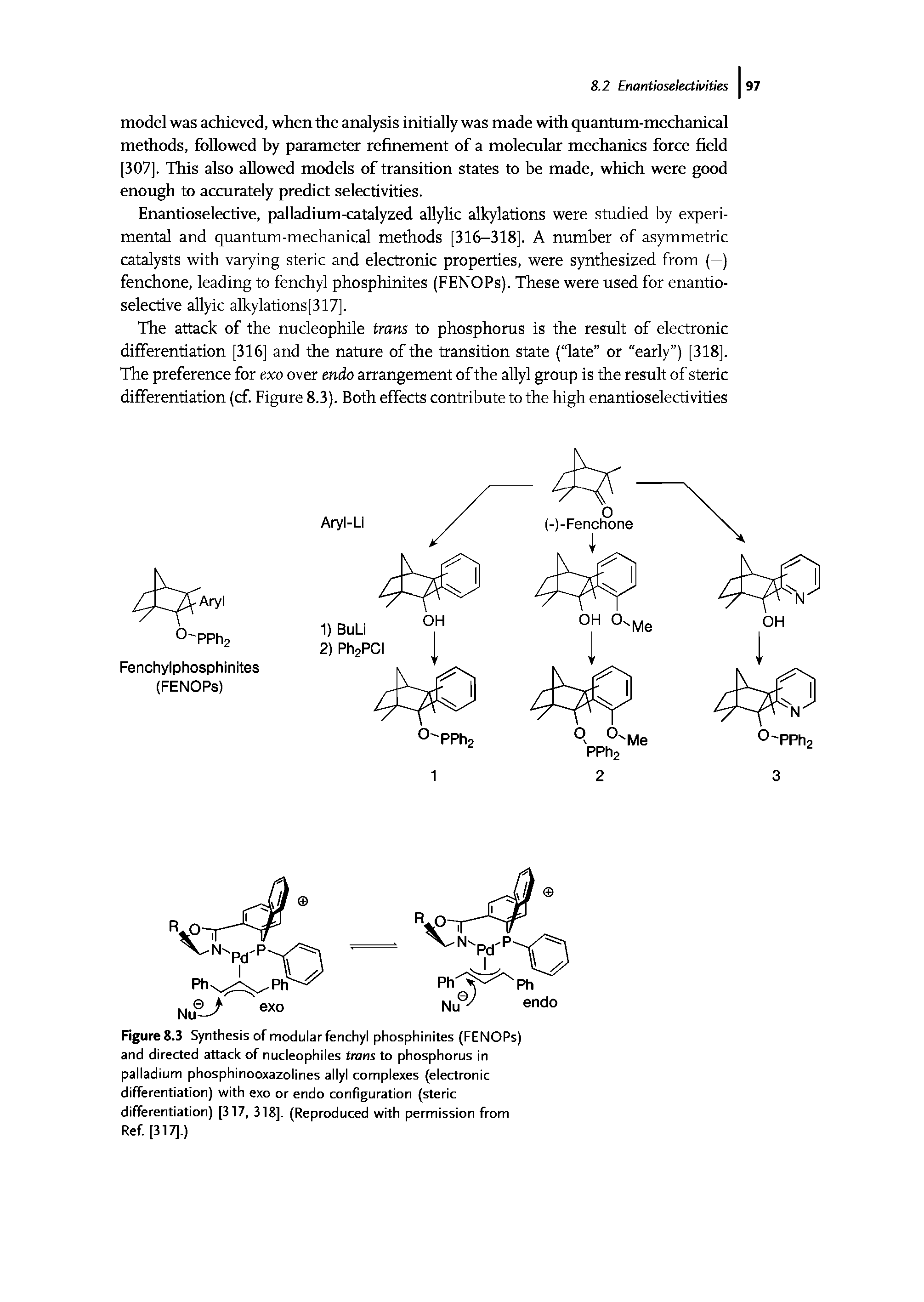 Figure 8.3 Synthesis of modular fenchyl phosphinites (FENOPs) and directed attack of nucleophiles trans to phosphorus In palladium phosphinooxazolines allyl complexes (electronic differentiation) with exo or endo configuration (steric differentiation) [317, 318]. (Reproduced with permission from Ref [317].)...