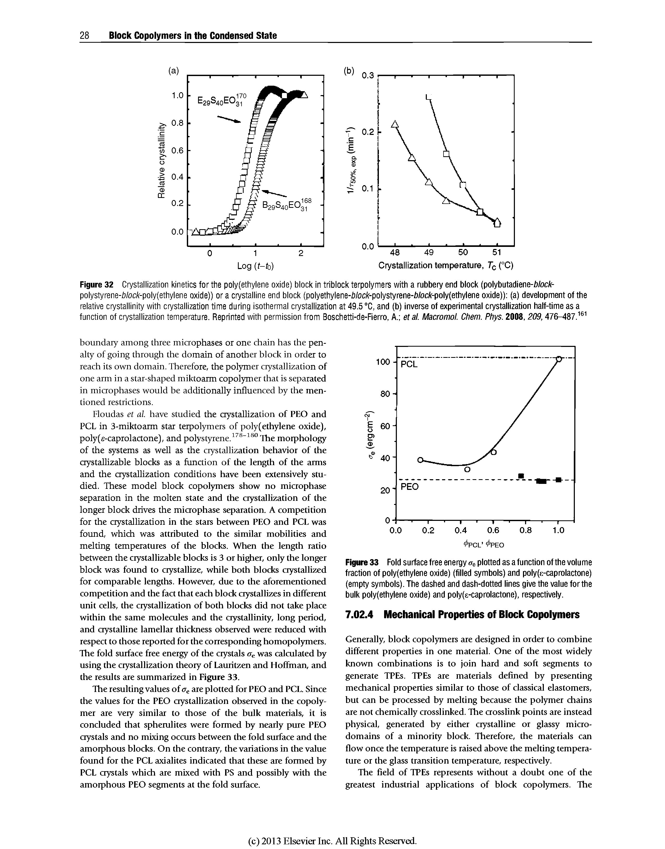 Figure 32 Crystallization kinetics for the poly(ethylene oxide) block in triblock terpolymers with a rubbery end biock (poiybutadiene-Wocfr-polystyrene-b/oc/f-poly(ethylene oxide)) or a crystalline end block (polyethylene-b/oc/f-polystyrene-Wock -poiy(ethylene oxide)) (a) deveiopment of the relative crystallinity with crystallization time during isothermal crystallization at 49.5 °C, and (b) inverse of experimentai crystaiiization haif-time as a function of crystallization temperature. Reprinted with permission from Boschetti-de-Fierro, A. etal. Macromol. Chem. Phys. 2008,209,476- 87. ...