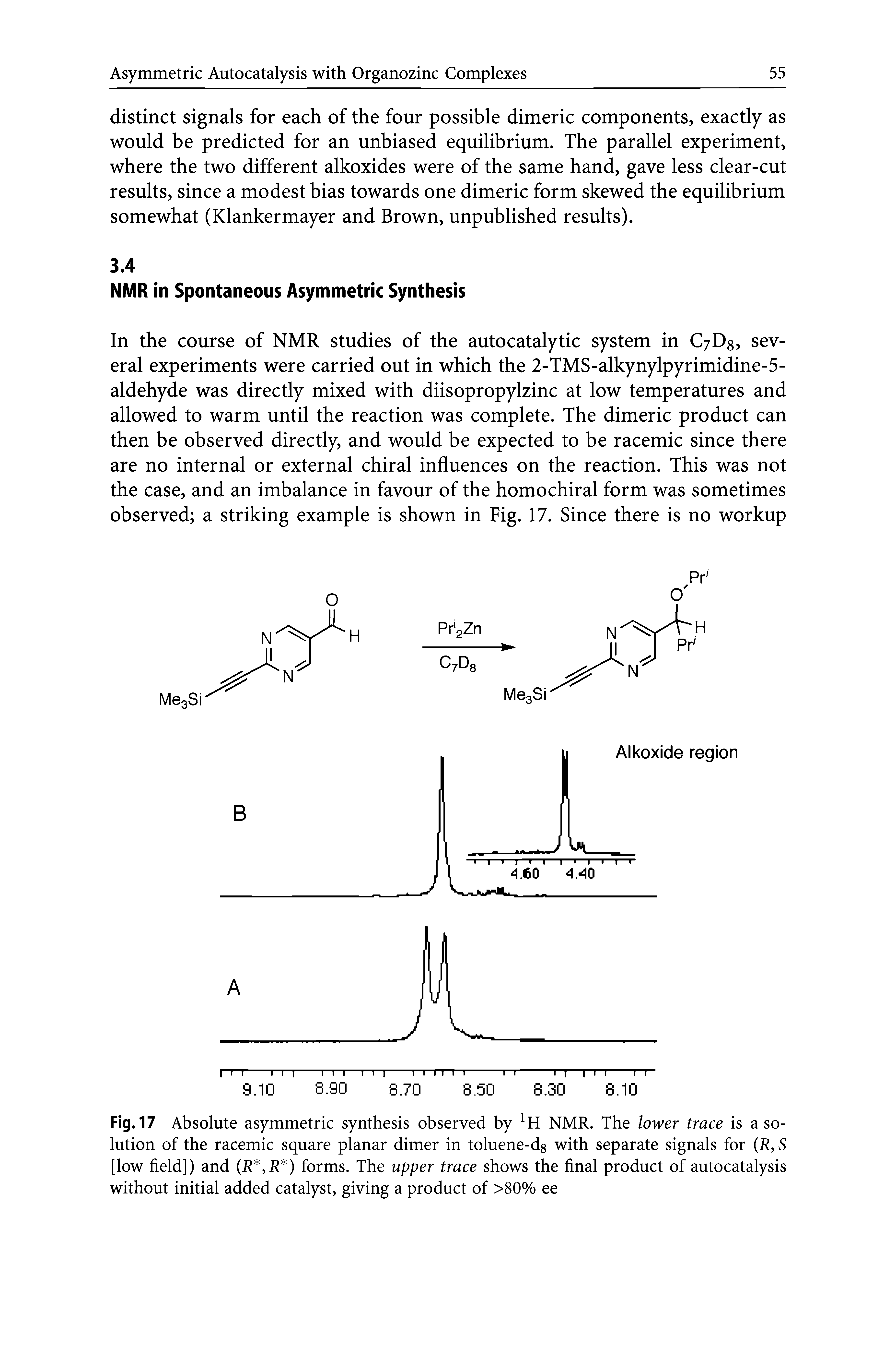 Fig. 17 Absolute asymmetric synthesis observed by 1H NMR. The lower trace is a solution of the racemic square planar dimer in toluene-ds with separate signals for (R, S [low field]) and (R, R ) forms. The upper trace shows the final product of autocatalysis without initial added catalyst, giving a product of >80% ee...