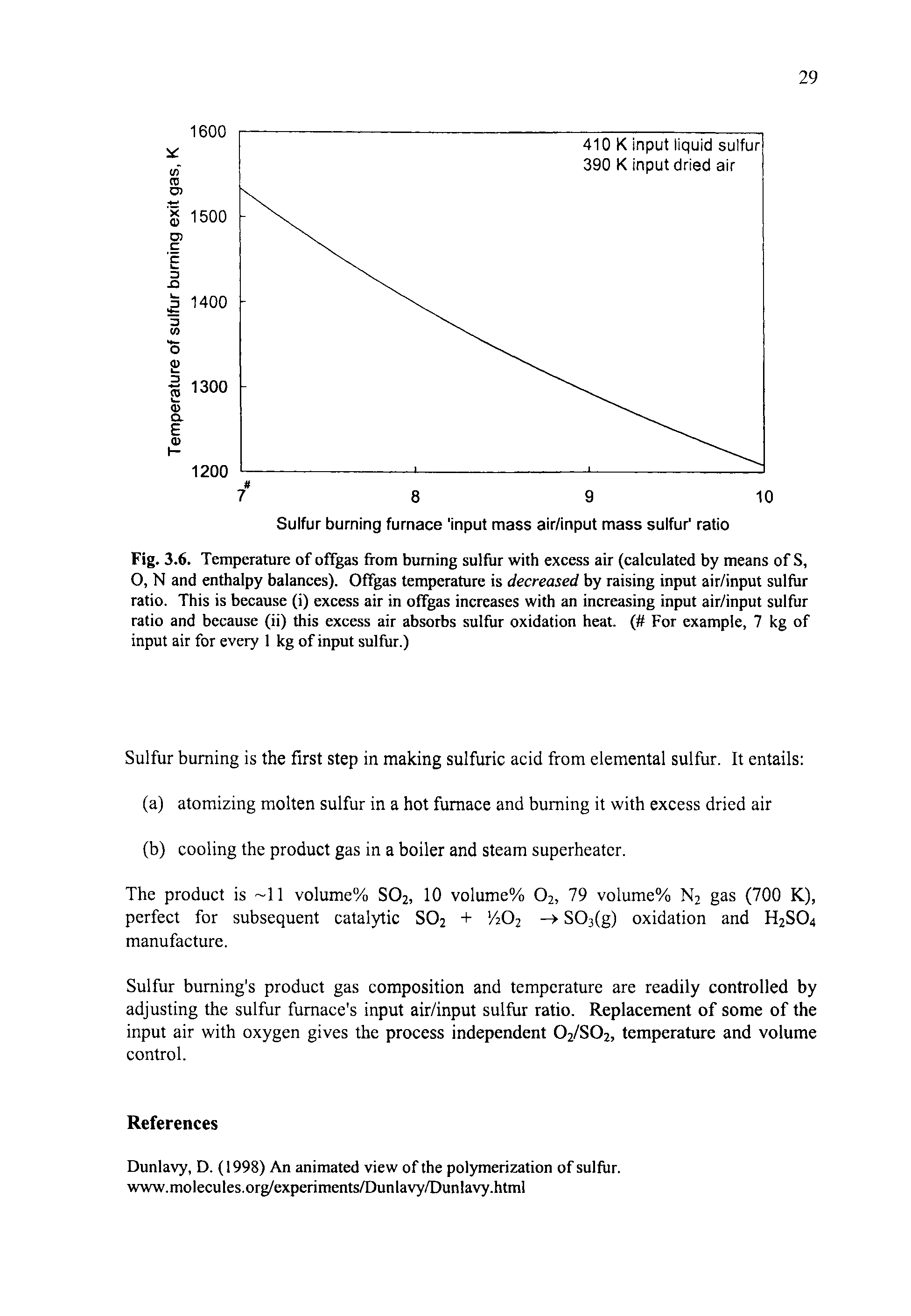 Fig. 3.6. Temperature of offgas from burning sulfur with excess air (calculated by means of S, O, N and enthalpy balances). Offgas temperature is decreased by raising input air/input sulfur ratio. This is because (i) excess air in offgas increases with an increasing input air/input sulfur ratio and because (ii) this excess air absorbs sulfur oxidation heat. ( For example, 7 kg of input air for every 1 kg of input sulfur.)...