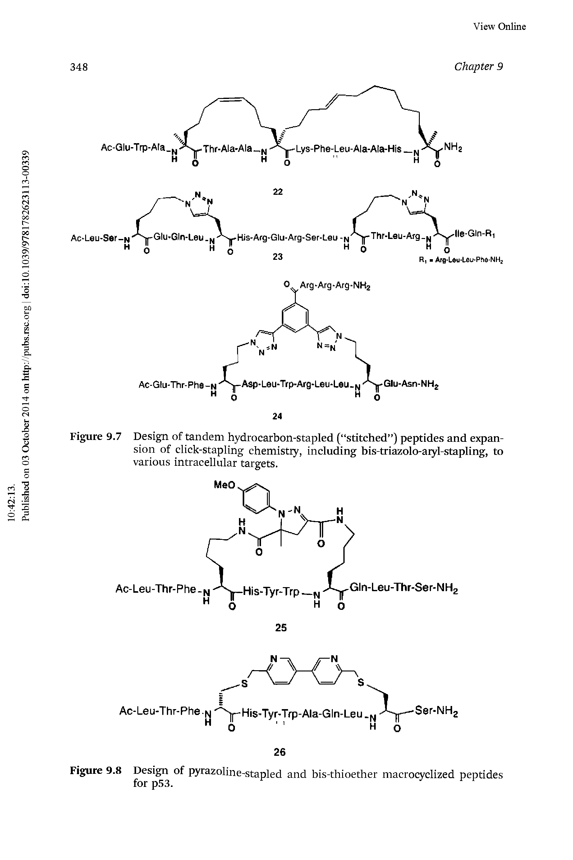 Figure 9.7 Design of tandem hydrocarbon-stapled ( stitched ) peptides and expansion of click-stapling chemistry, including bis-triazolo-aiyl-stapling, to various intracellular targets.