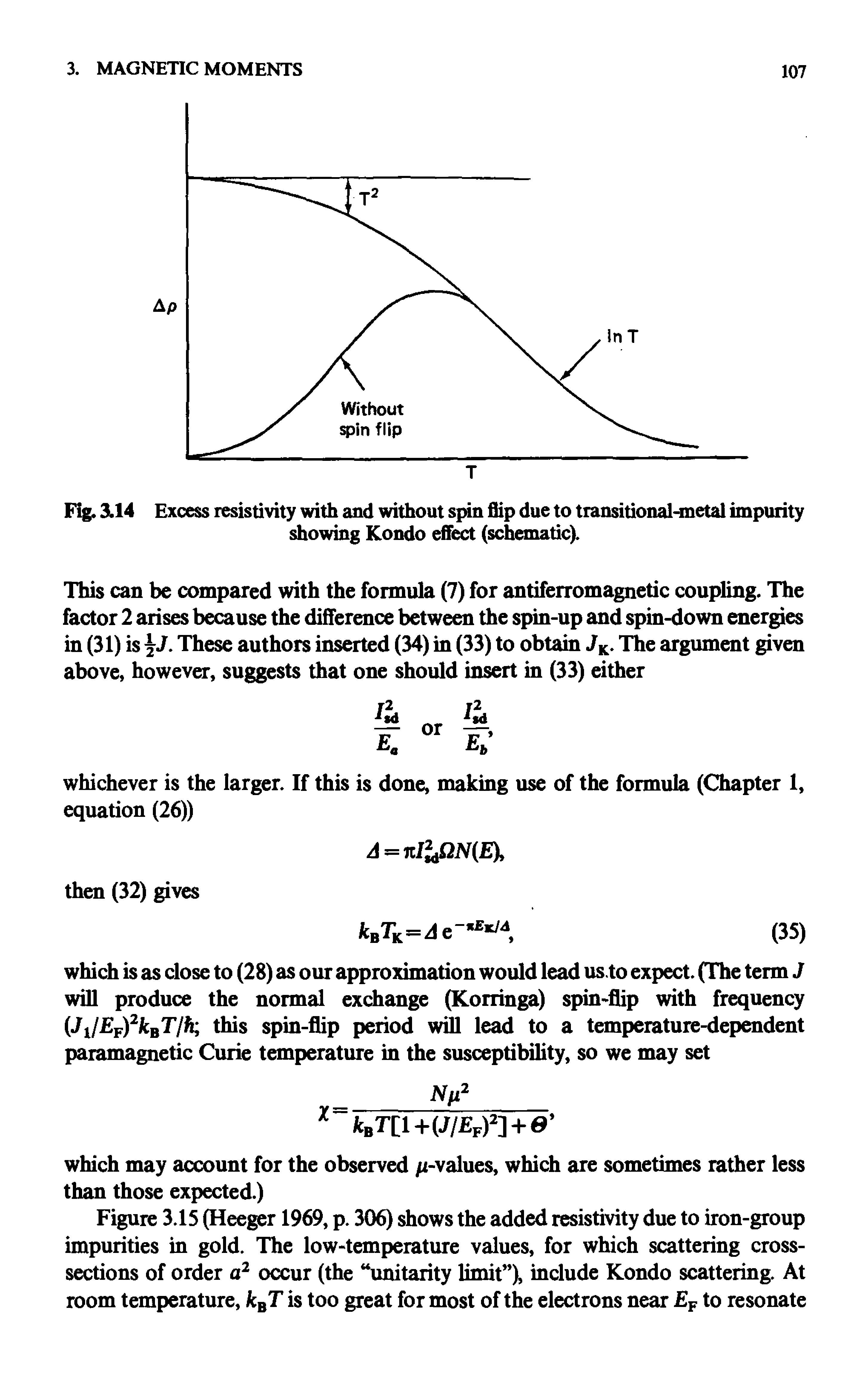 Figure 3.15 (Heeger 1969, p. 306) shows the added resistivity due to iron-group impurities in gold. The low-temperature values, for which scattering cross-sections of order a2 occur (the unitarity limit ), include Kondo scattering. At room temperature, kBT is too great for most of the electrons near E to resonate...
