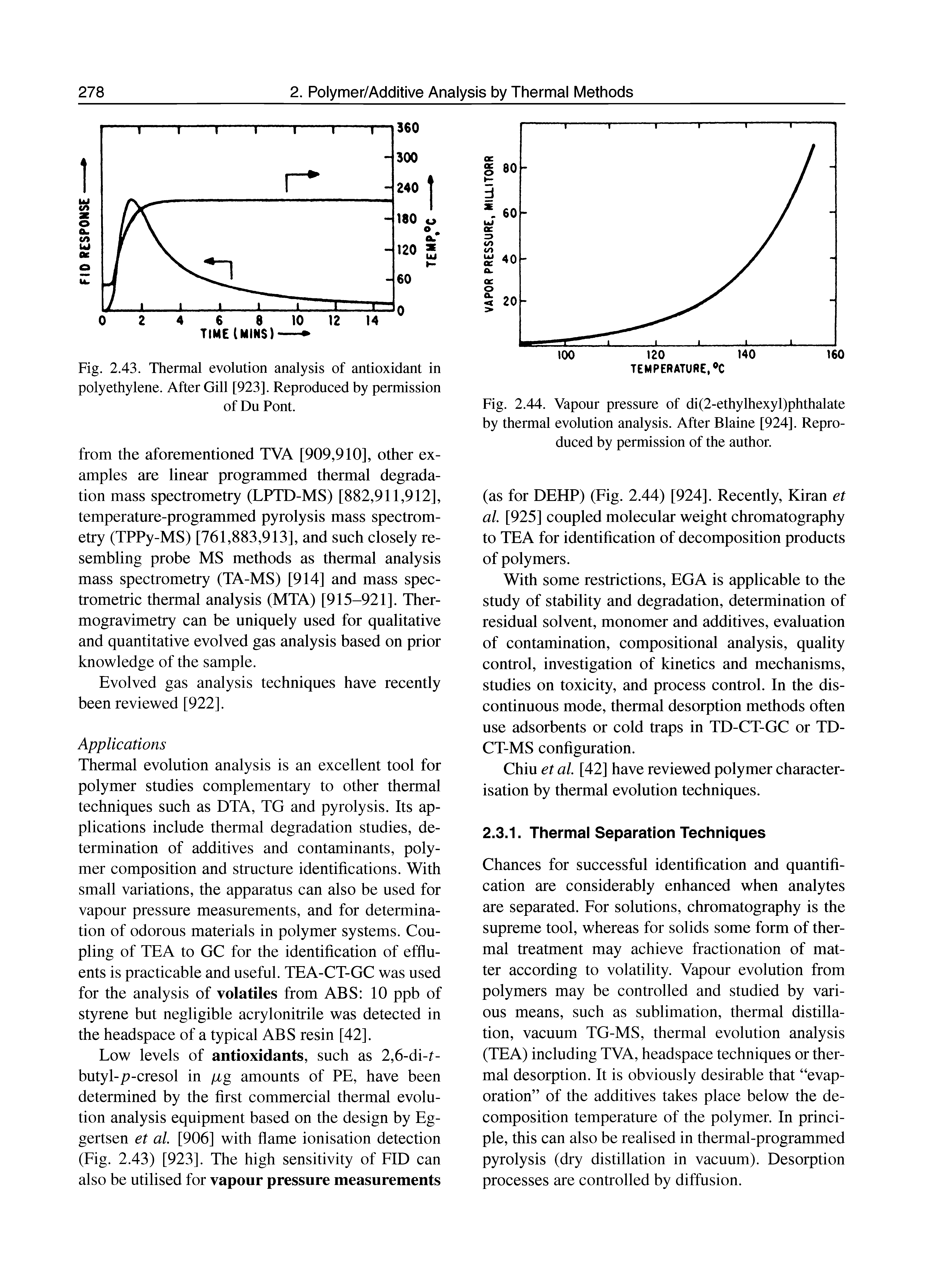 Fig. 2.44. Vapour pressure of di(2-ethylhexyl)phthalate by thermal evolution analysis. After Blaine [924]. Reproduced by permission of the author.