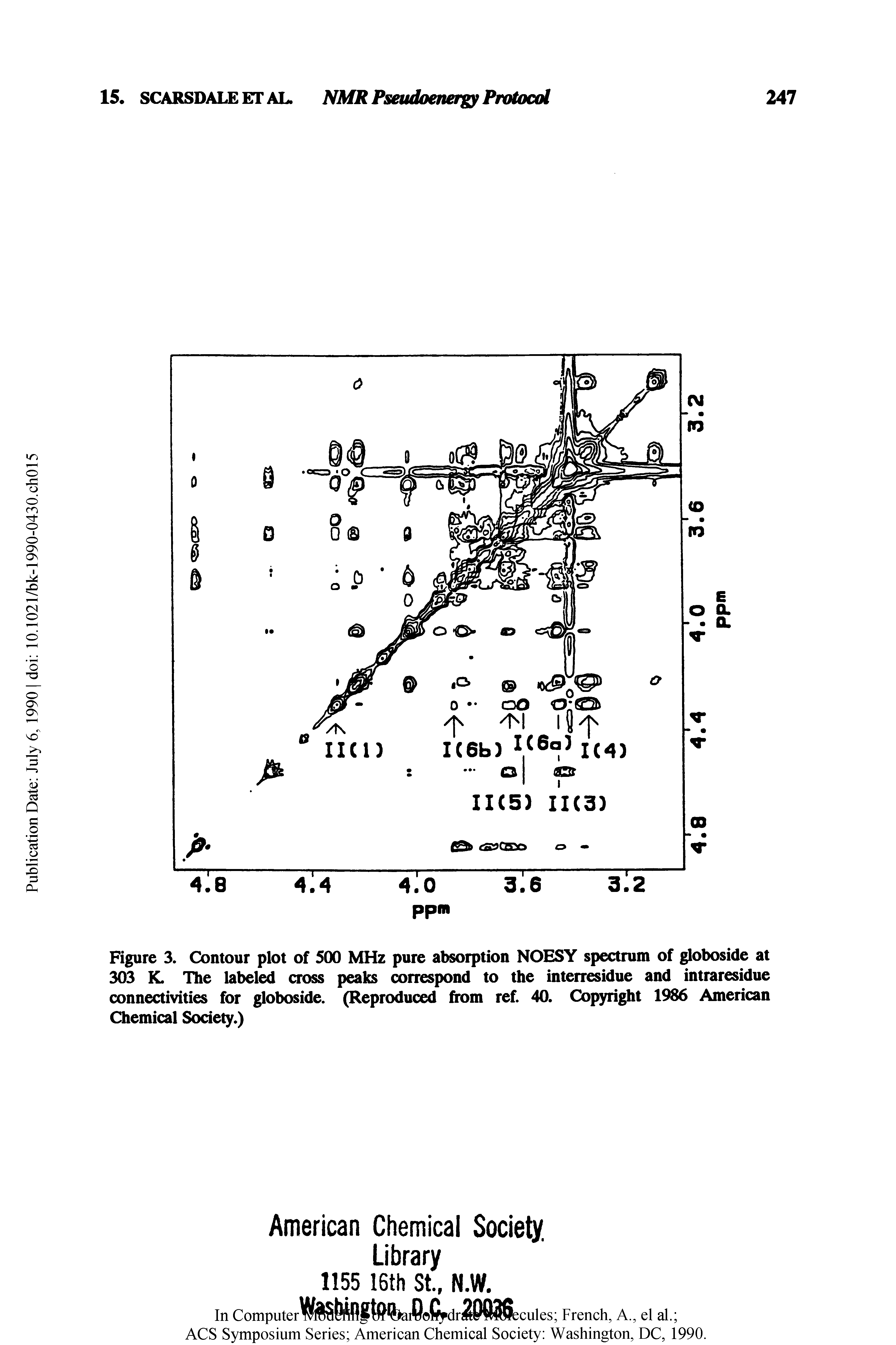 Figure 3. Contour plot of 500 MHz pure absorption NOESY spectrum of globoside at 303 K. The labeled cross peaks correspond to the interresidue and intraresidue connectivities for globoside. (Reproduced from ref. 40. Copyright 1986 American Chemical Society.)...