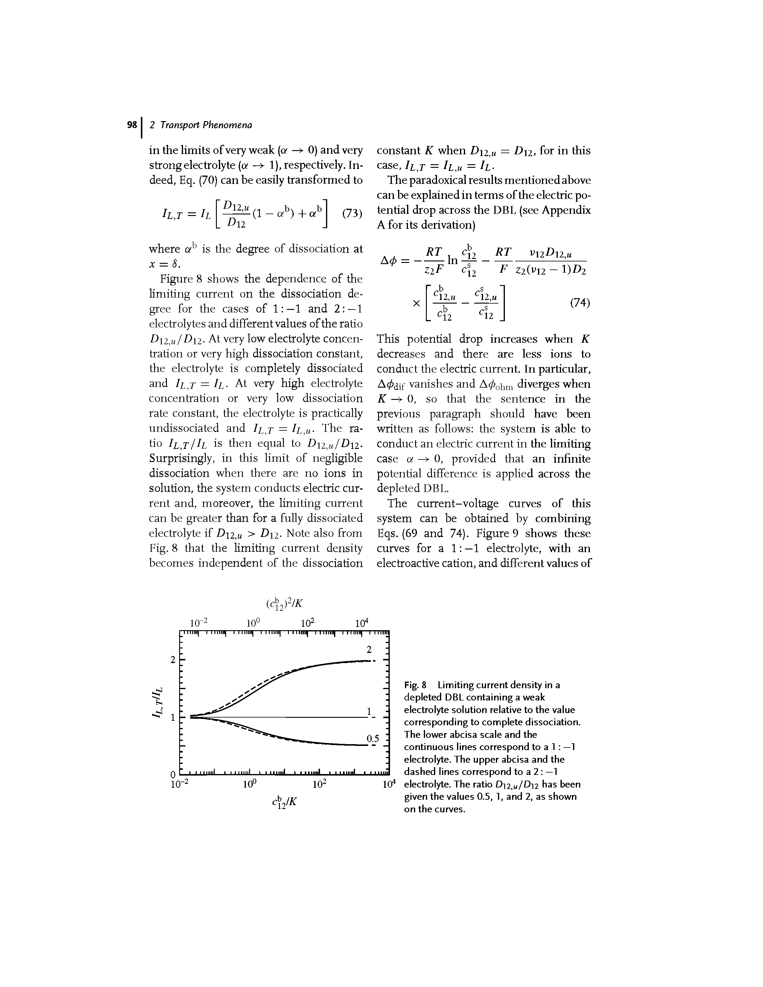 Fig. 8 Limiting current density in a depleted DBL containing a weak electrolyte solution relative to the value corresponding to complete dissociation. The lower abcisa scale and the continuous lines correspond to a 1 —1 electrolyte. The upper abcisa and the dashed lines correspond to a 2 —1 electrolyte. The ratio D 2,u/Du has been given the values 0.5, 1, and 2, as shown on the curves.