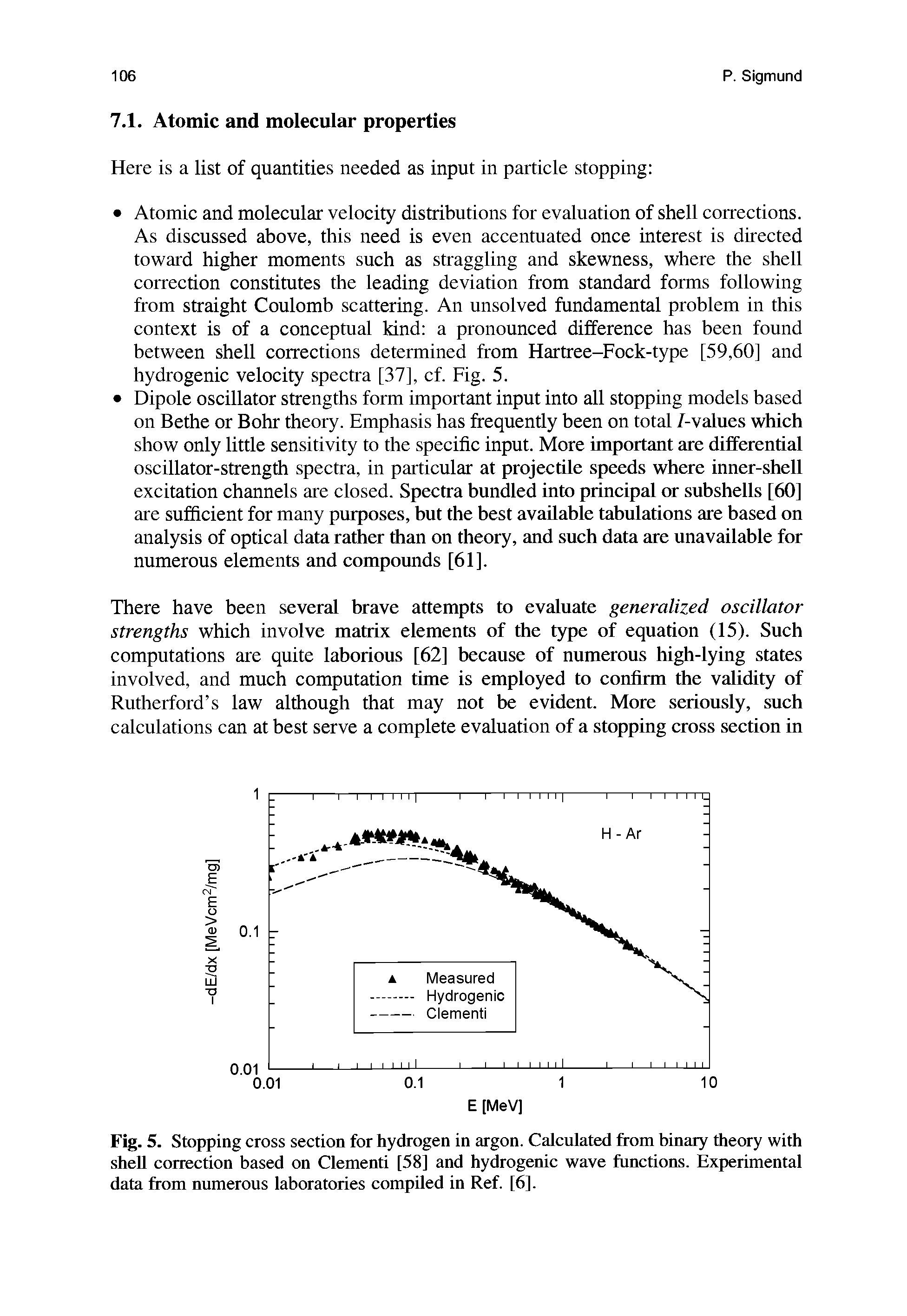 Fig. 5. Stopping cross section for hydrogen in argon. Calculated from binary theory with shell correction based on Clementi [58] and hydrogenic wave functions. Experimental data from numerous laboratories compiled in Ref. [6].