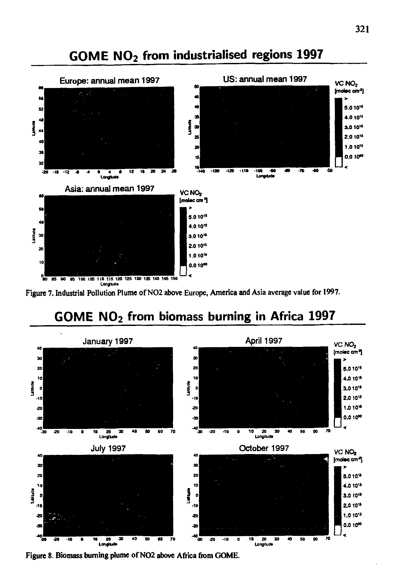 Figure 7. Industrial Pollution Plume of N02 above Europe, America and Asia average value for 1997.