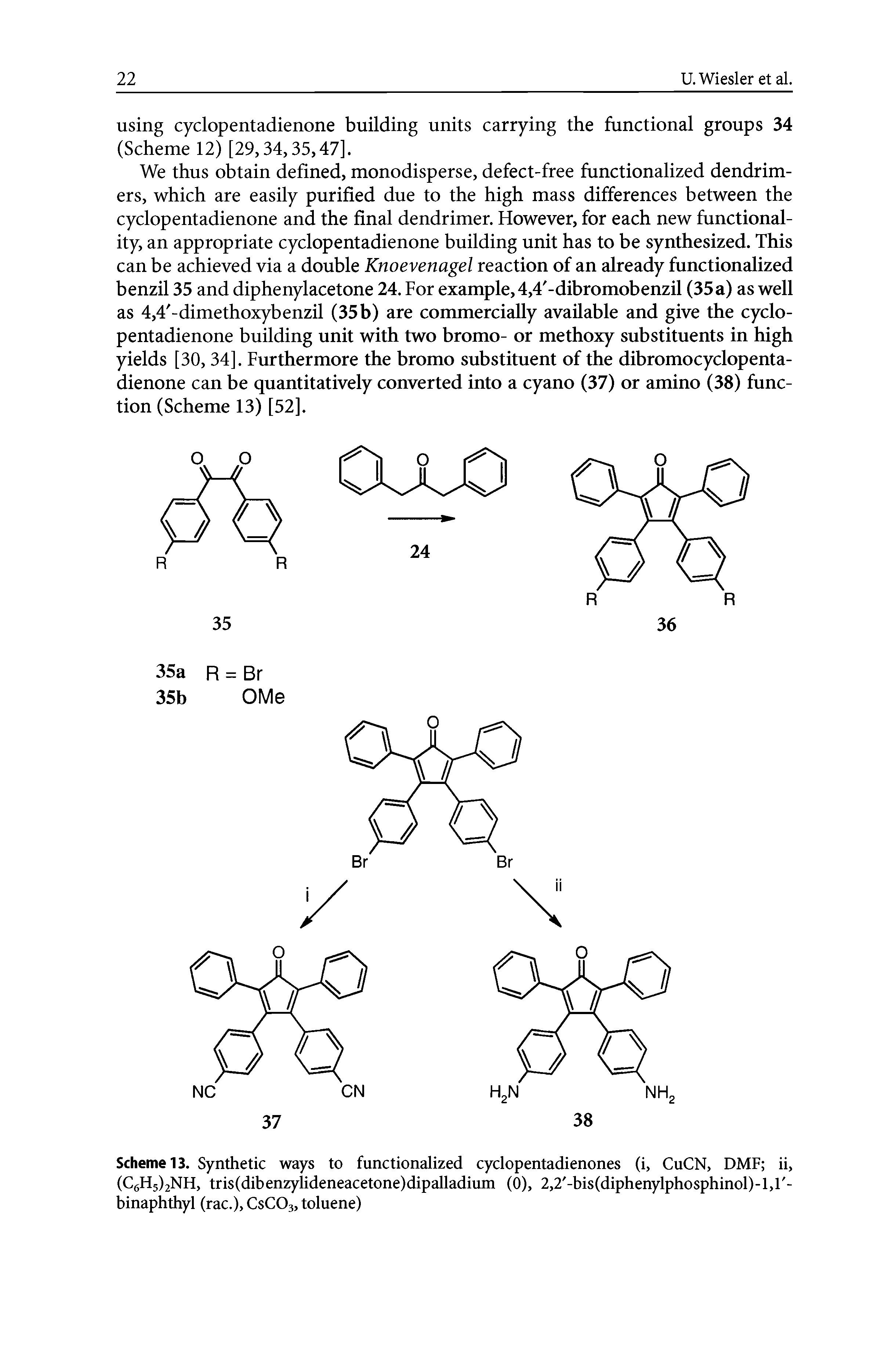 Scheme 13. Synthetic ways to functionalized cyclopentadienones (i, CuCN, DMF ii, (CgH5)2NH, tris(dibenzylideneacetone)dipalladium (0), 2,2 -bis(diphenylphosphinol)-l,l -binaphthyl (rac.), CsCOj, toluene)...