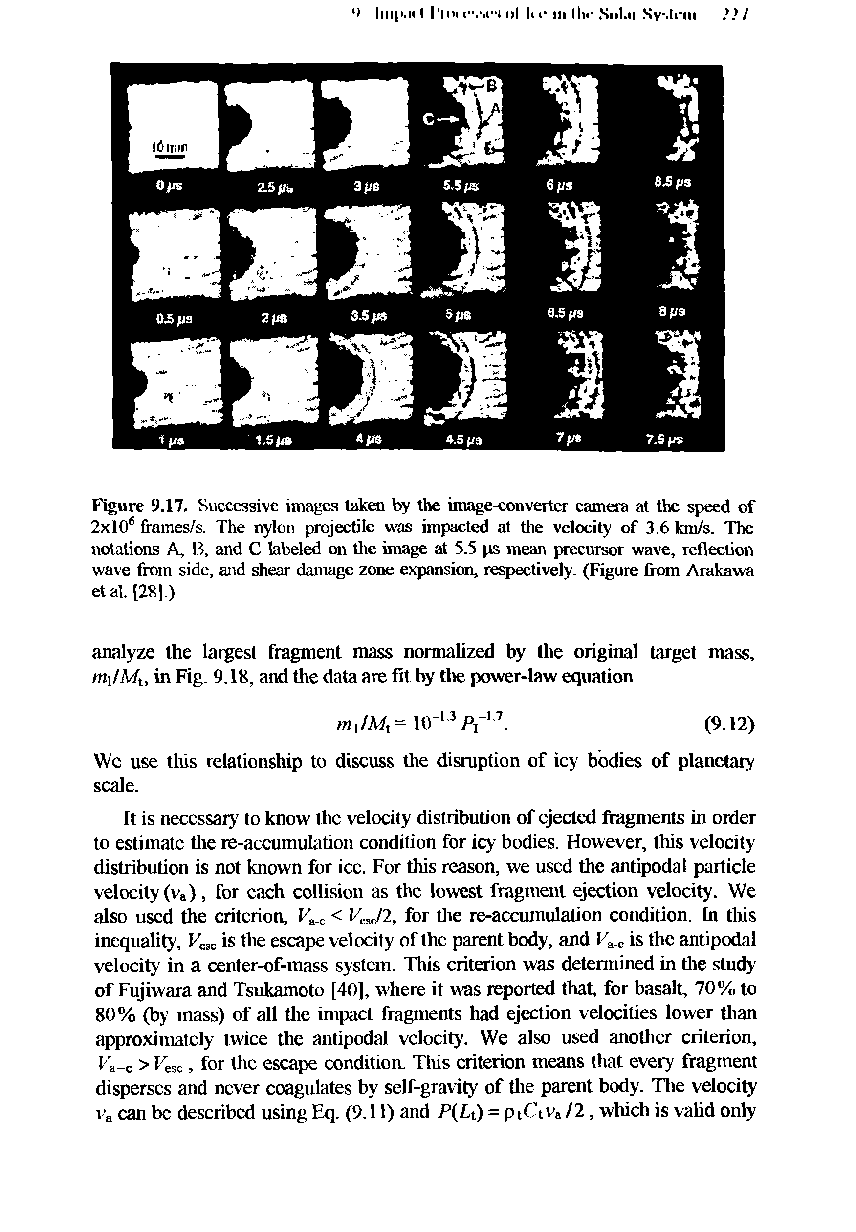 Figure 9.17. Successive images taken by the image-converter camera at the speed of 2x10 frames/s. The nylon projectile was impacted at the velocity of 3.6 km/s. The notations A, B, and C labeled on the image at 5.5 ps mean precursor wave, reflection wave from side, and shear damage zone expansion, respectively. (Figure from Arakawa etal. [28].)...