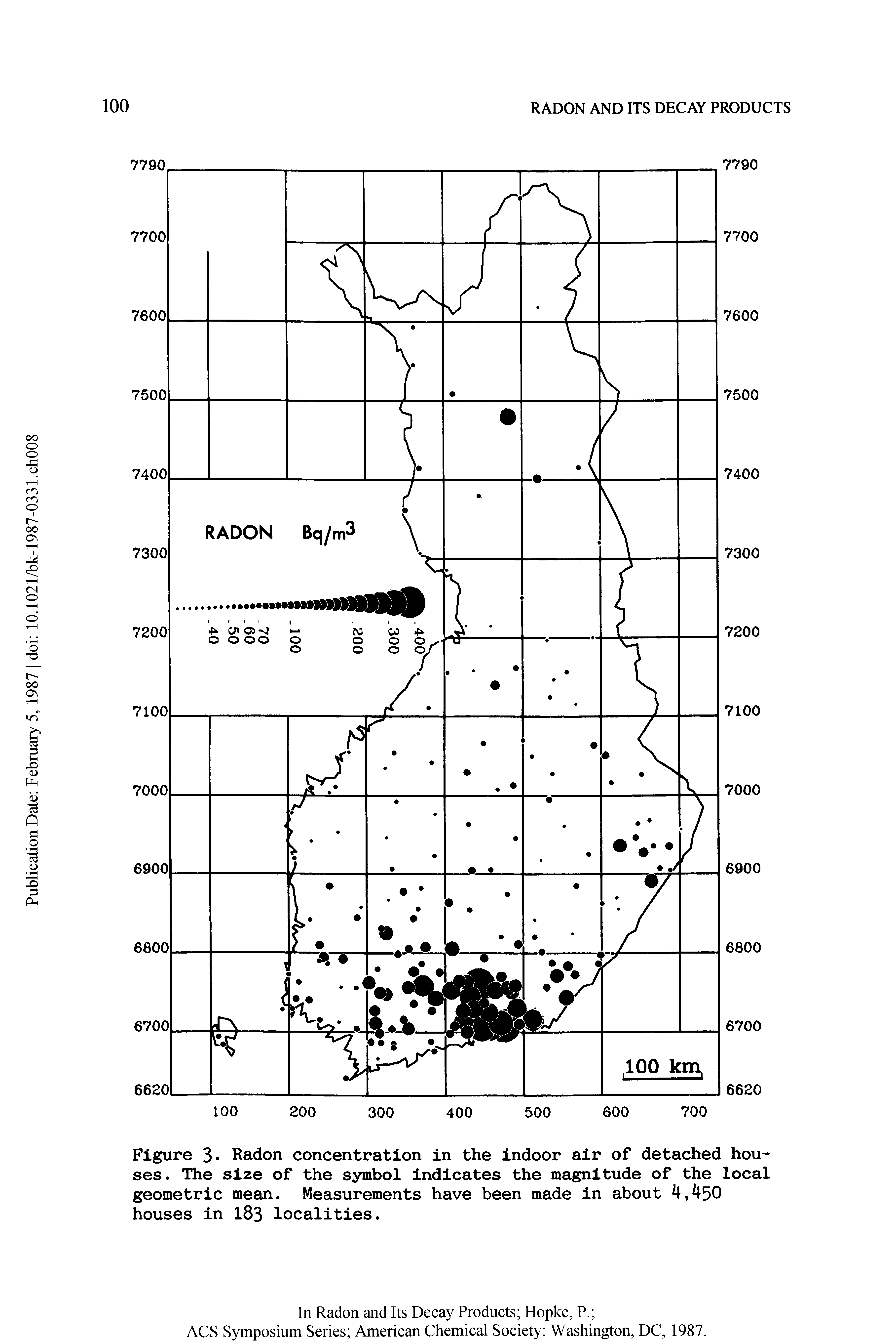 Figure 3 Radon concentration in the indoor air of detached houses. The size of the symbol indicates the magnitude of the local geometric mean. Measurements have been made in about 4,450 houses in 183 localities.
