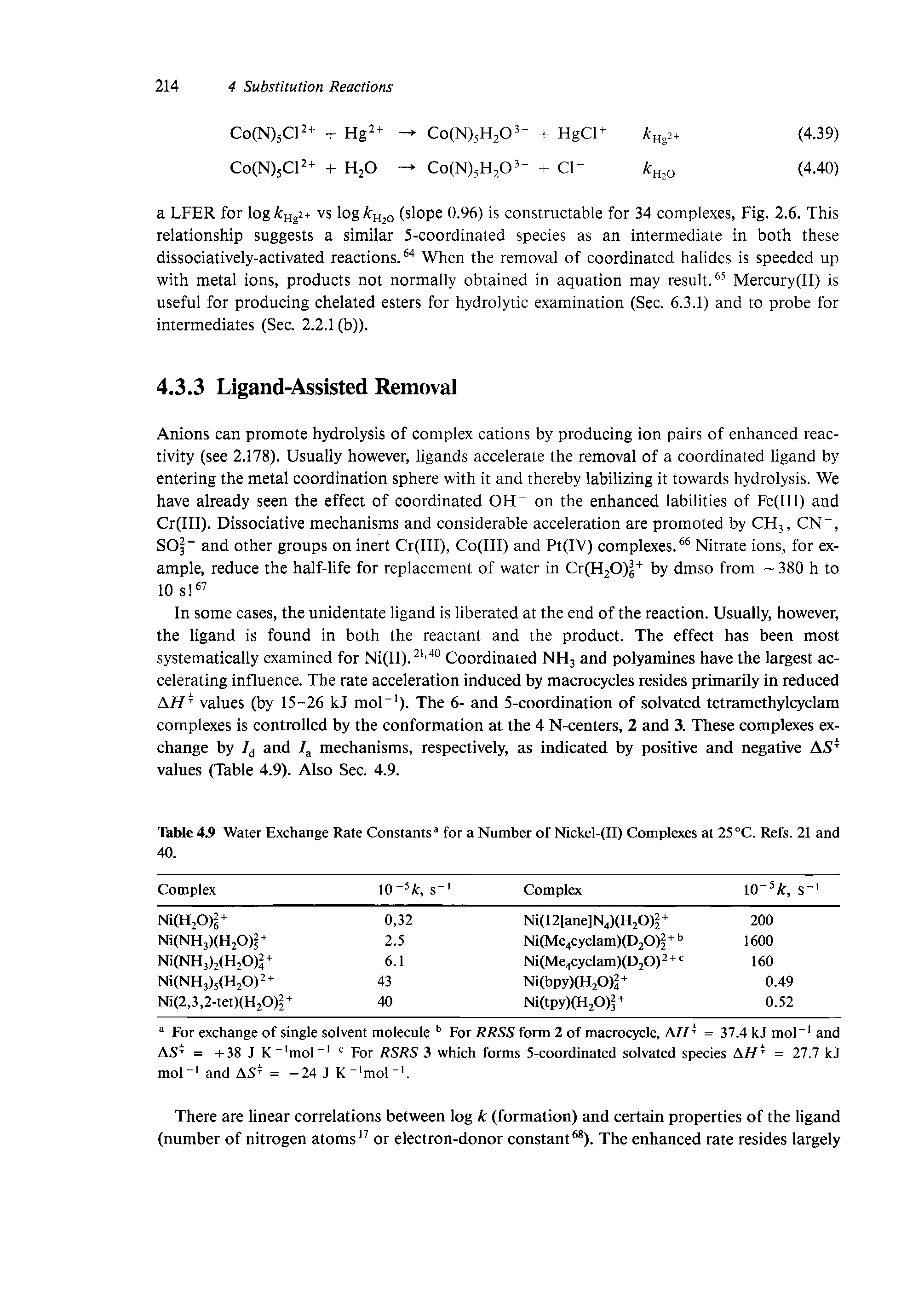 Table 4.9 Water Exchange Rate Constants for a Number of Nickel-(II) Complexes at 25 °C. Refs. 21 and 40.