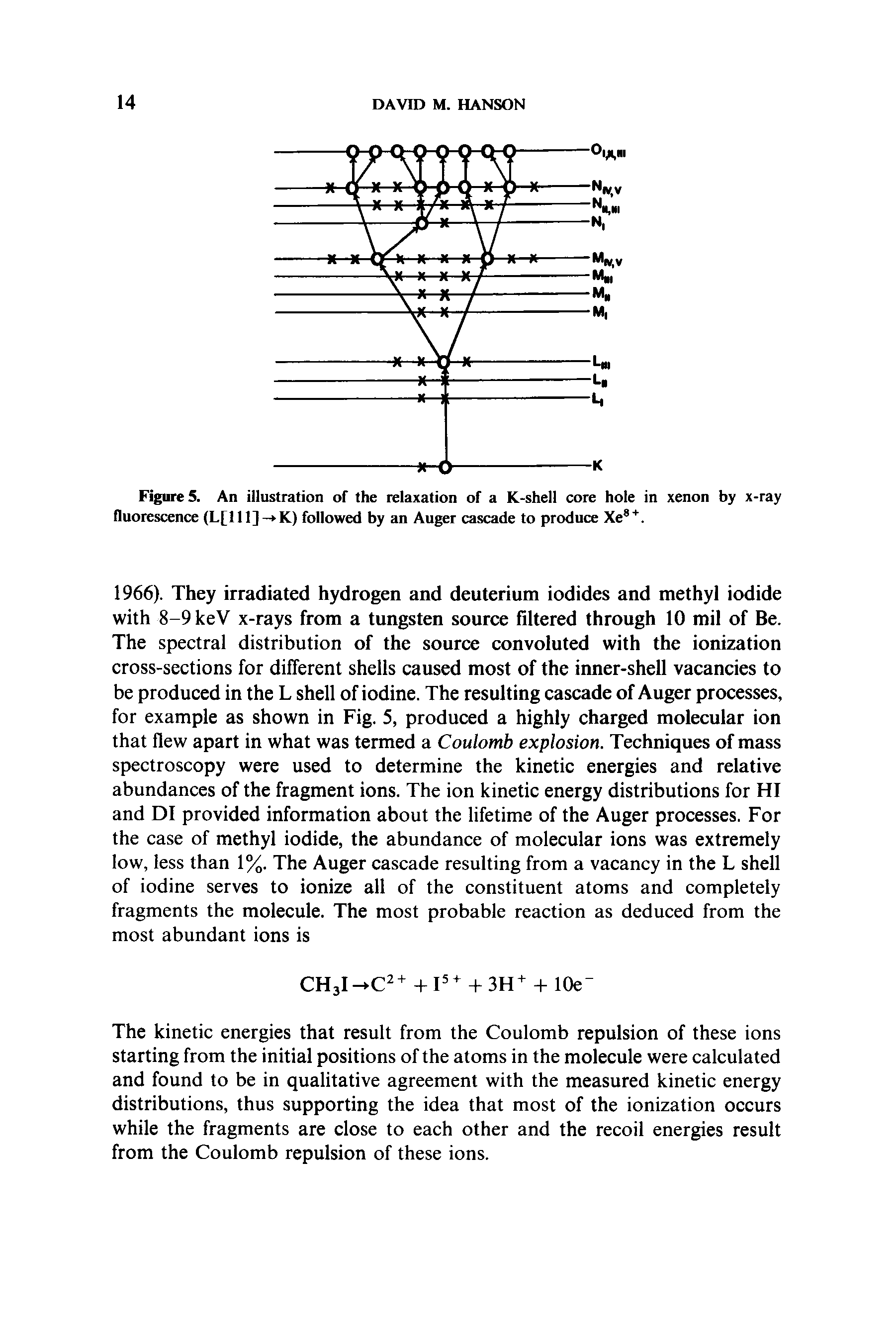 Figures. An illustration of the relaxation of a K-shell core hole in xenon by x-ray fluorescence (L[111]- K) followed by an Auger cascade to produce Xe. ...