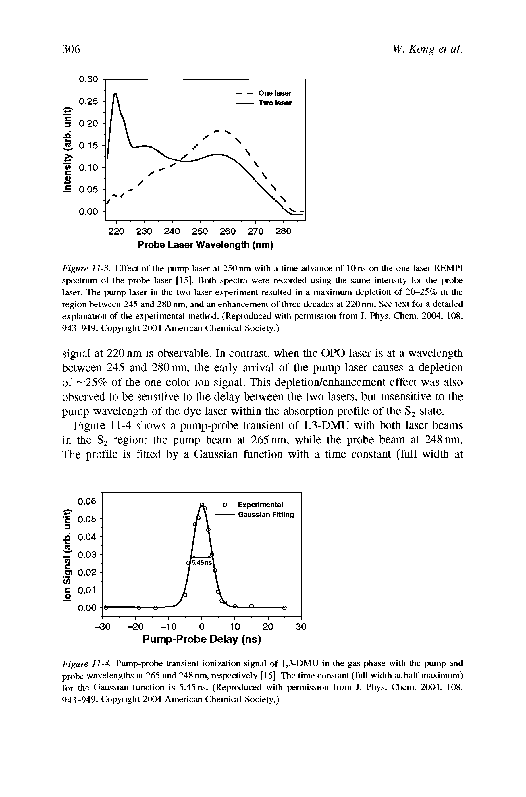 Figure 11-3. Effect of the pump laser at 250 nm with a time advance of 10 ns on the one laser REMPI spectrum of the probe laser [15]. Both spectra were recorded using the same intensity for the probe laser. The pump laser in the two laser experiment resulted in a maximum depletion of 20-25% in the region between 245 and 280 nm, and an enhancement of three decades at 220 nm. See text for a detailed explanation of the experimental method. (Reproduced with permission from J. Phys. Chem. 2004, 108, 943-949. Copyright 2004 American Chemical Society.)...