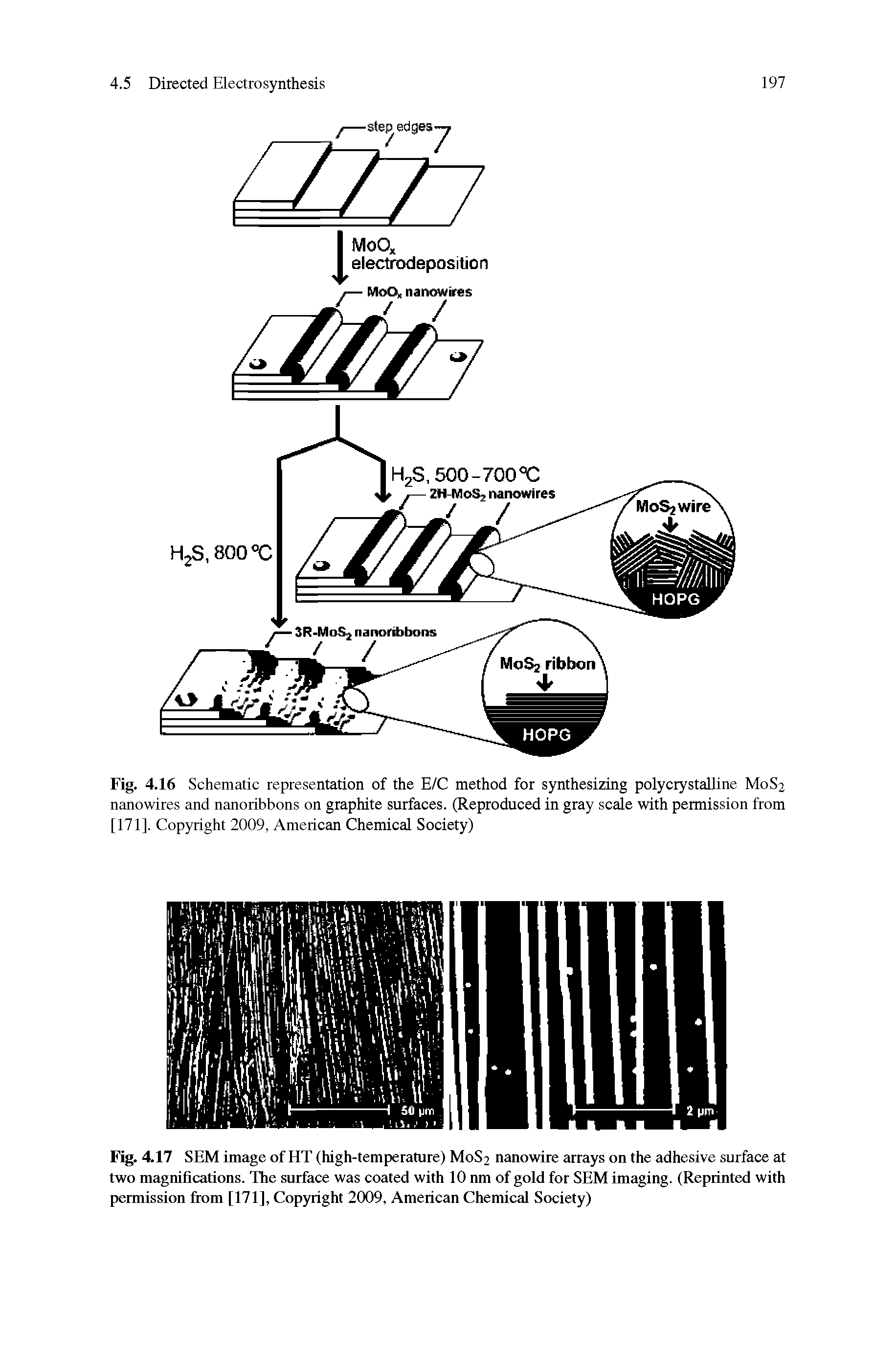 Fig. 4.16 Schematic representation of the E/C method for synthesizing polycrystalline M0S2 nanowires and nanoiibbons on graphite surfaces. (Reproduced in gray scale with permission from [171]. Copyright 2009, American Chemical Society)...