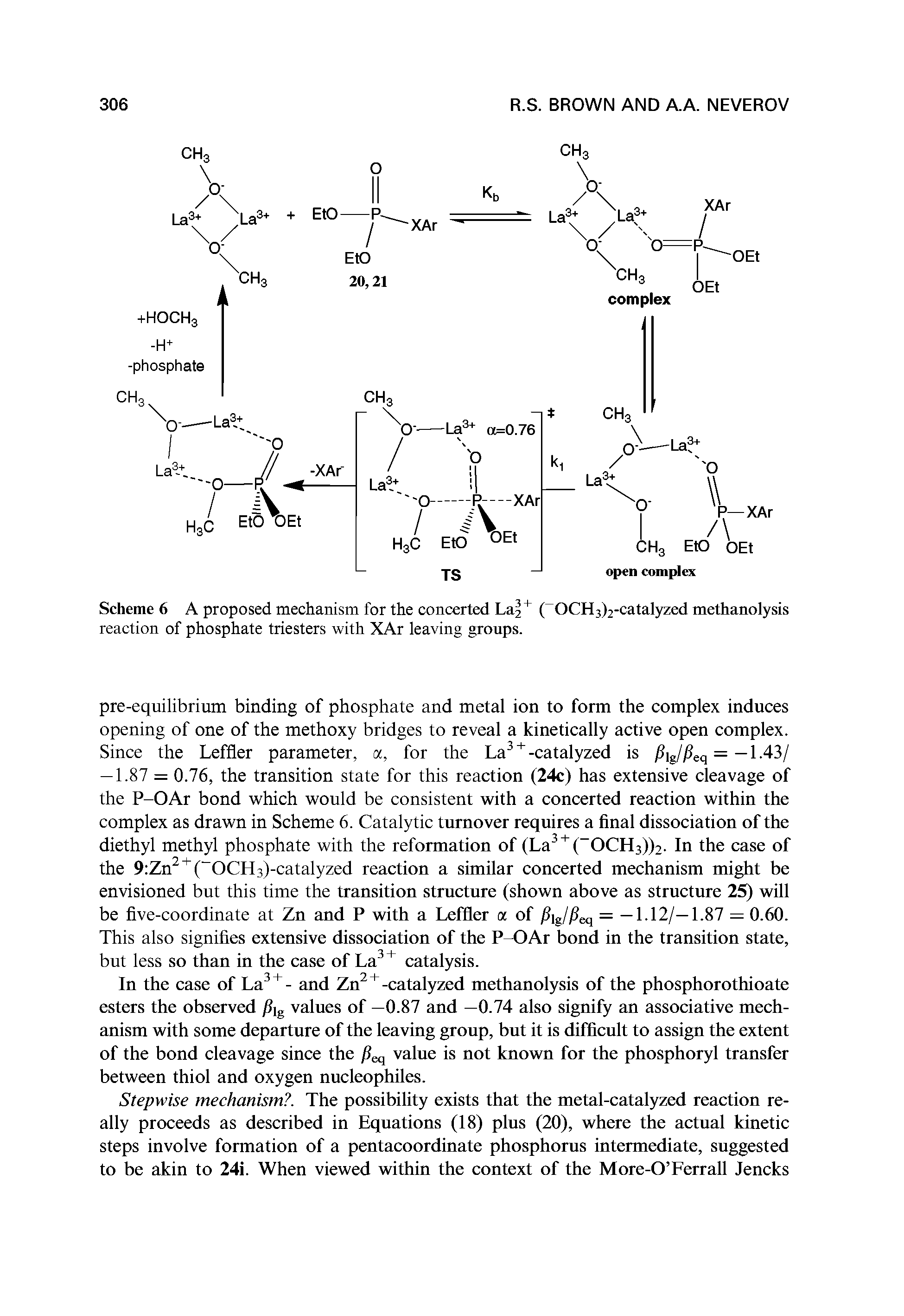 Scheme 6 A proposed mechanism for the concerted La + ( OCH3)2-catalyzed methanolysis reaction of phosphate triesters with XAr leaving groups.