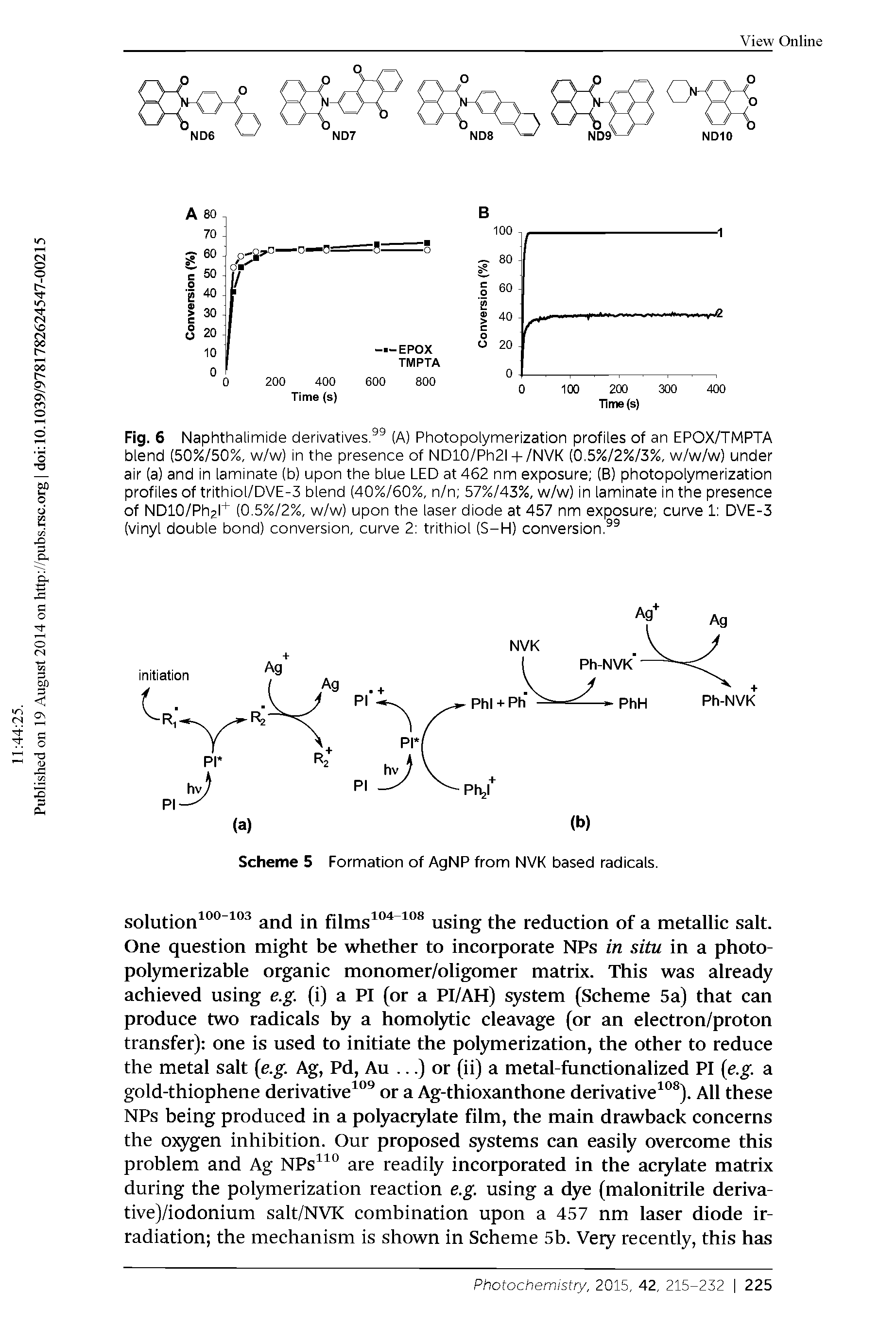 Fig. 6 Naphthalimide derivatives. (A) Photopolymerization profiles of an EPOX/TMPTA blend (50%/50%, w/w) in the presence of ND10/Ph2l + /NVK (0.5%/2%/3%, w/w/w) under air (a) and in laminate (b) upon the blue LED at 462 nm exposure (B) photopolymerization profiles of trithiol/DVE-3 blend (40%/60%, n/n 57%/43%, w/w) in laminate in the presence of NDIO/Phal (0.5%/2%, w/w) upon the laser diode at 457 nm exposure curve 1 DVE-3 (vinyl double bond) conversion, curve 2 trithiol (S-H) conversion...