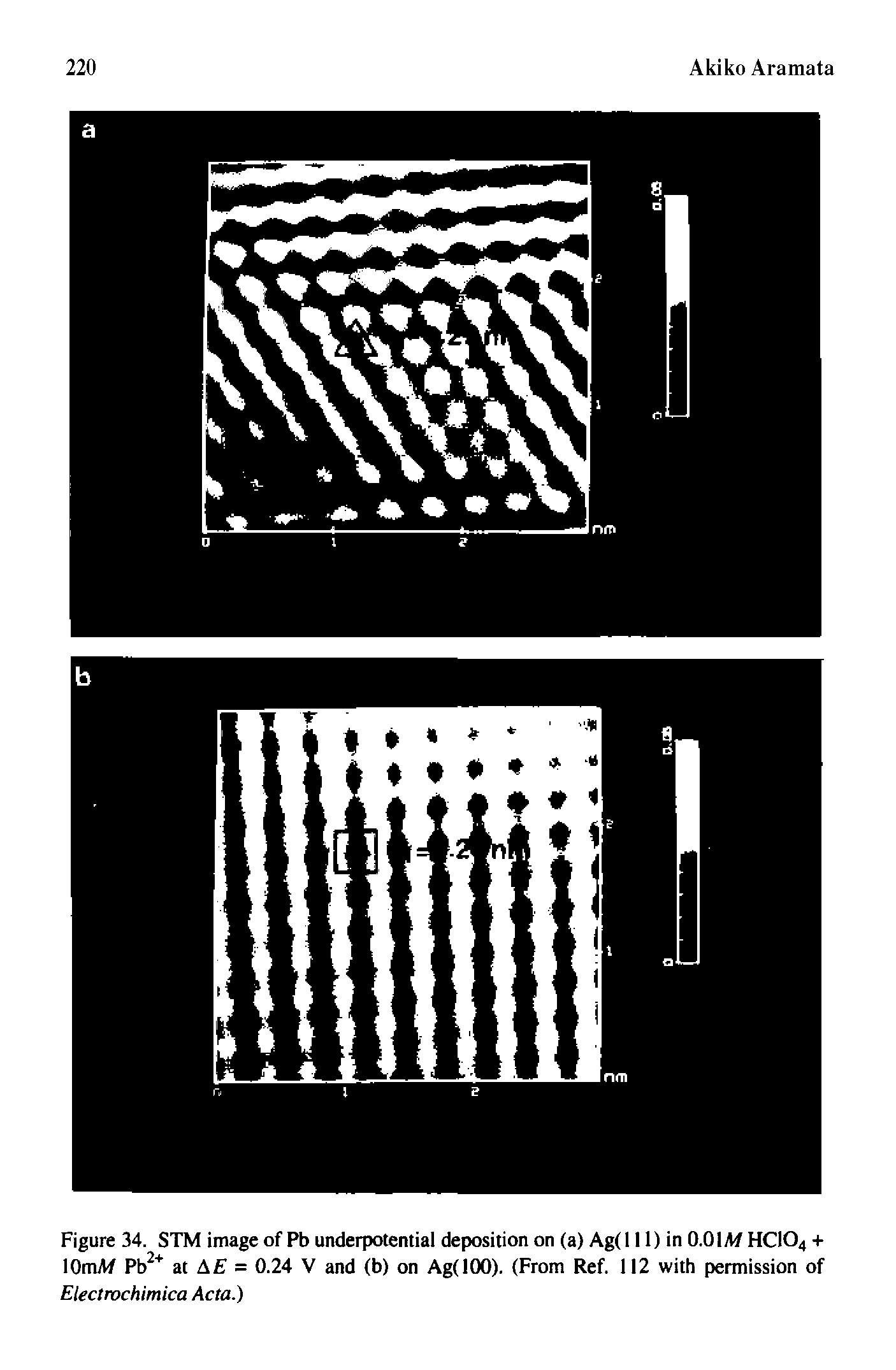 Figure 34. STM image of Pb underpotential deposition on (a) Ag(l II) in 0.0IAfHCIO4 + lOmAf at A = 0.24 V and (b) on Ag(JOO), (From Ref, 112 with permission of Electrvchimica Acta.)...