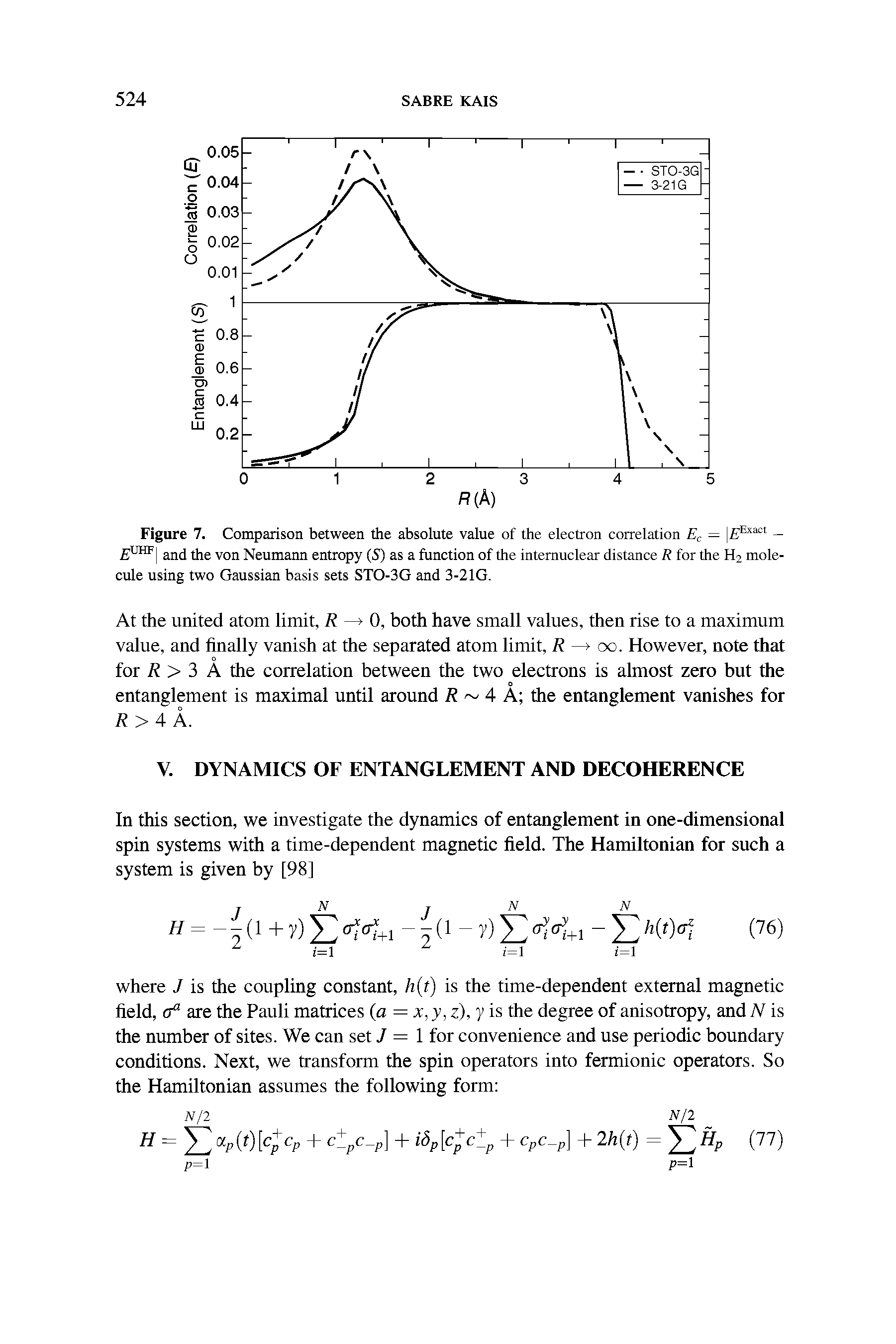 Figure 7. Comparison between the absolute value of the electron correlation = Exact and the von Neumann entropy (S) as a function of the internuclear distance R for the H2 molecule using two Gaussian basis sets STO-3G and 3-21G.