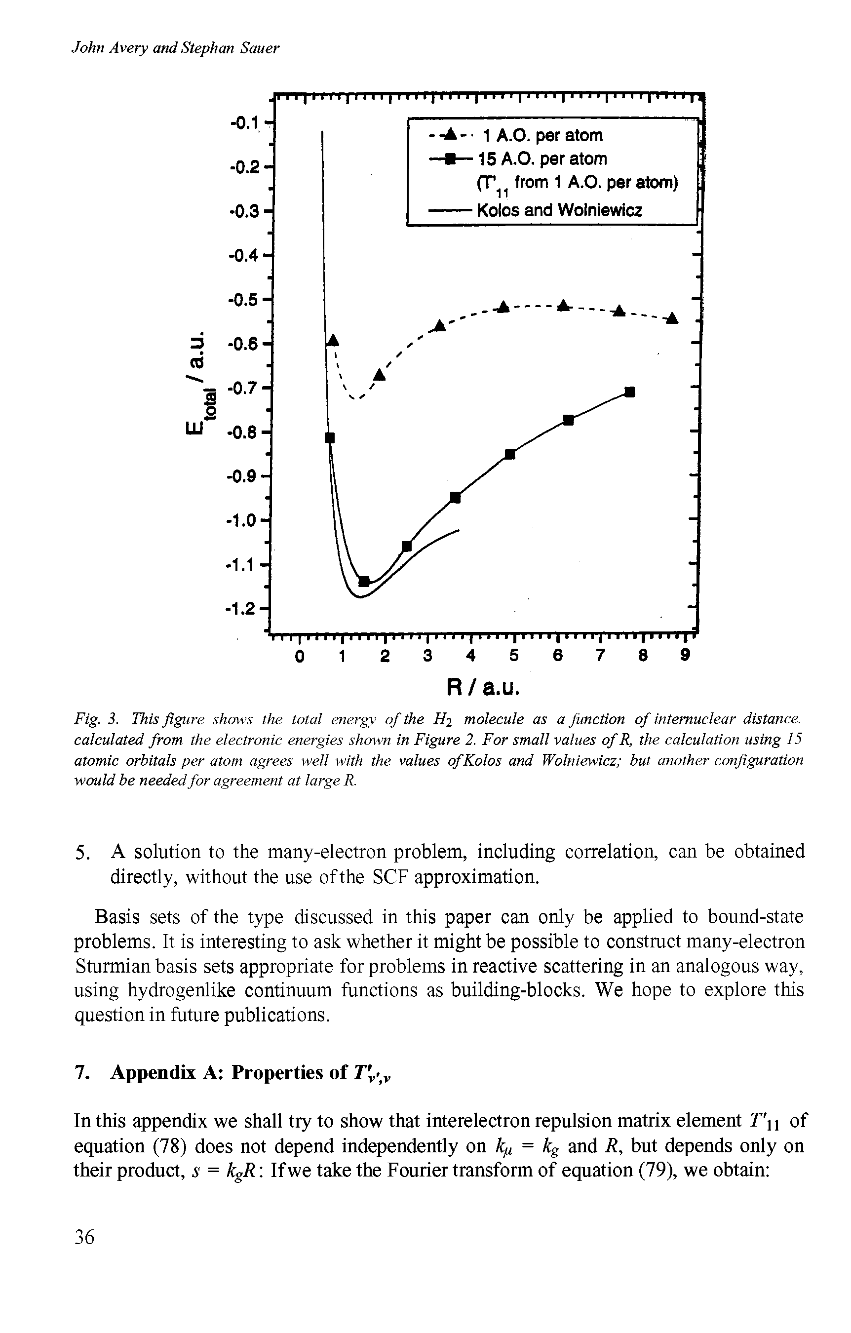 Fig. 3. This figure shows the total energy of the H2 molecule as a function of intemuclear distance, calculated from the electronic energies shown in Figure 2. For small values of R, the calculation using 15 atomic orbitals per atom agrees well with the values of Kolos and Wolniewicz but another configuration would be needed for agreement at large R.