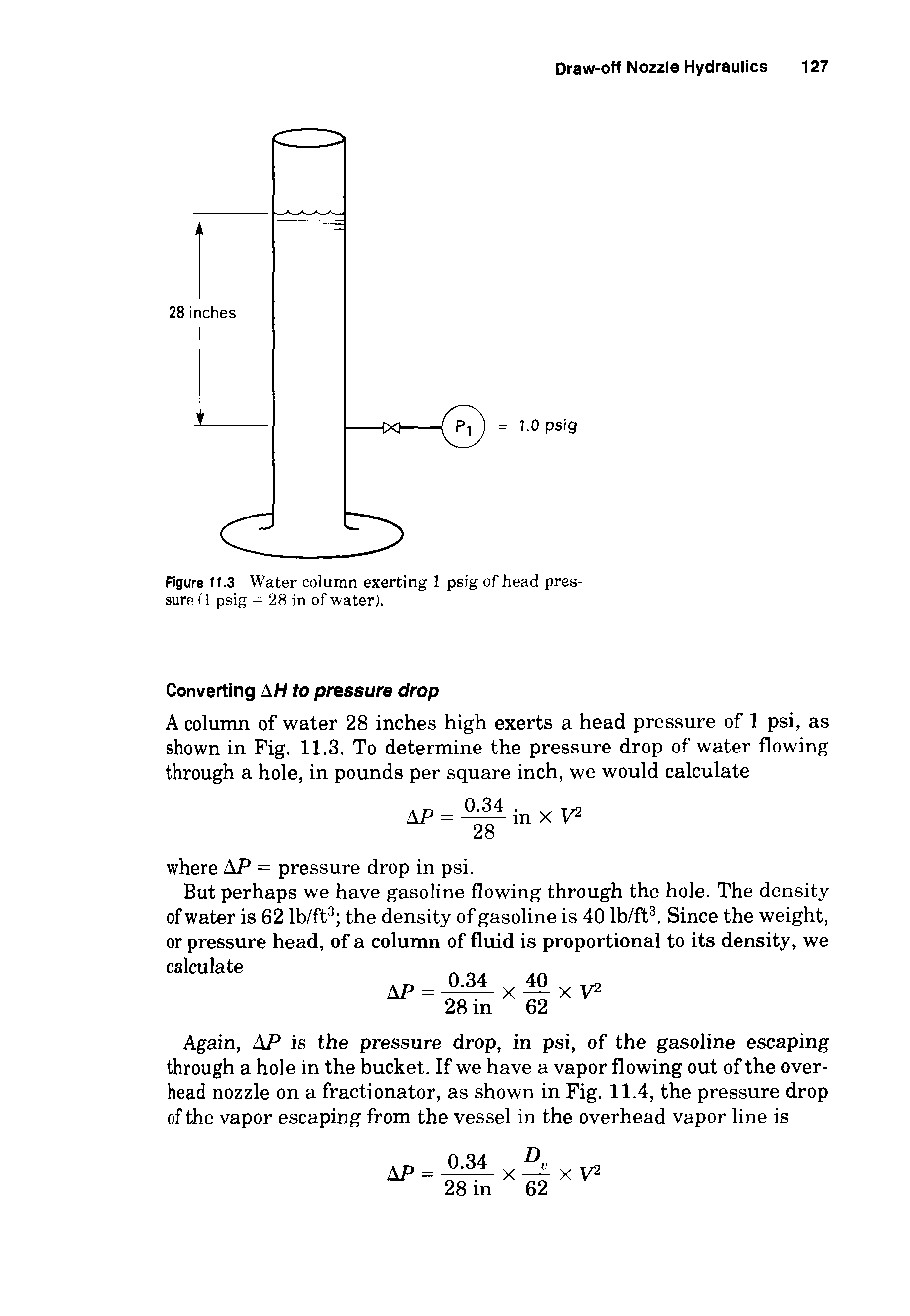 Figure 11.3 Water column exerting 1 psig of head pressure (1 psig = 28 in of water).