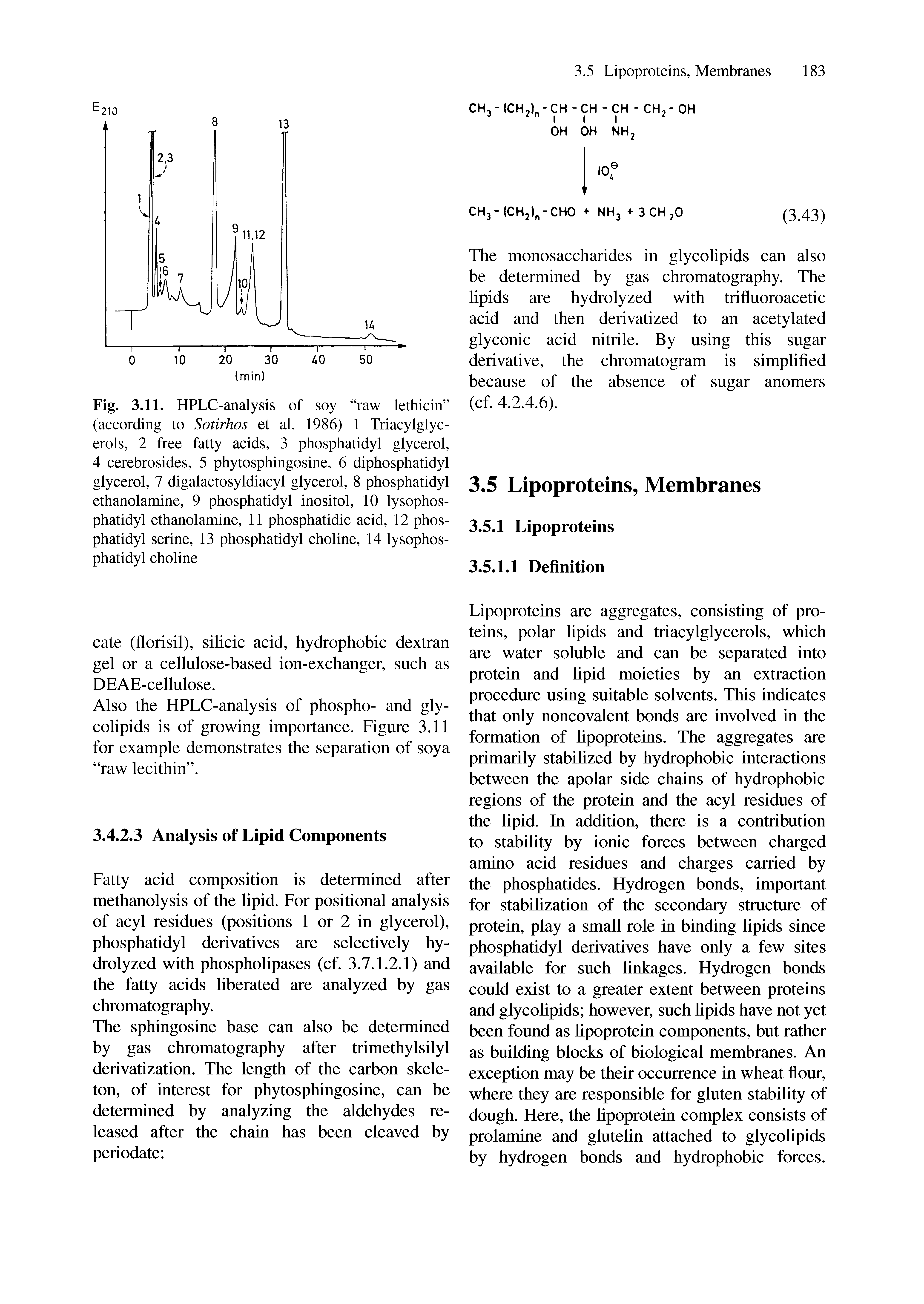 Fig. 3.11. HPLC-analysis of soy raw lethicin (according to Sotirhos et al. 1986) 1 Triacylglyc-erols, 2 free fatty acids, 3 phosphatidyl glycerol, 4 cerebrosides, 5 phytosphingosine, 6 diphosphatidyl glycerol, 7 digalactosyldiacyl glycerol, 8 phosphatidyl ethanolamine, 9 phosphatidyl inositol, 10 lysophos-phatidyl ethanolamine, 11 phosphatidic acid, 12 phosphatidyl serine, 13 phosphatidyl choline, 14 lysophos-phatidyl choline...