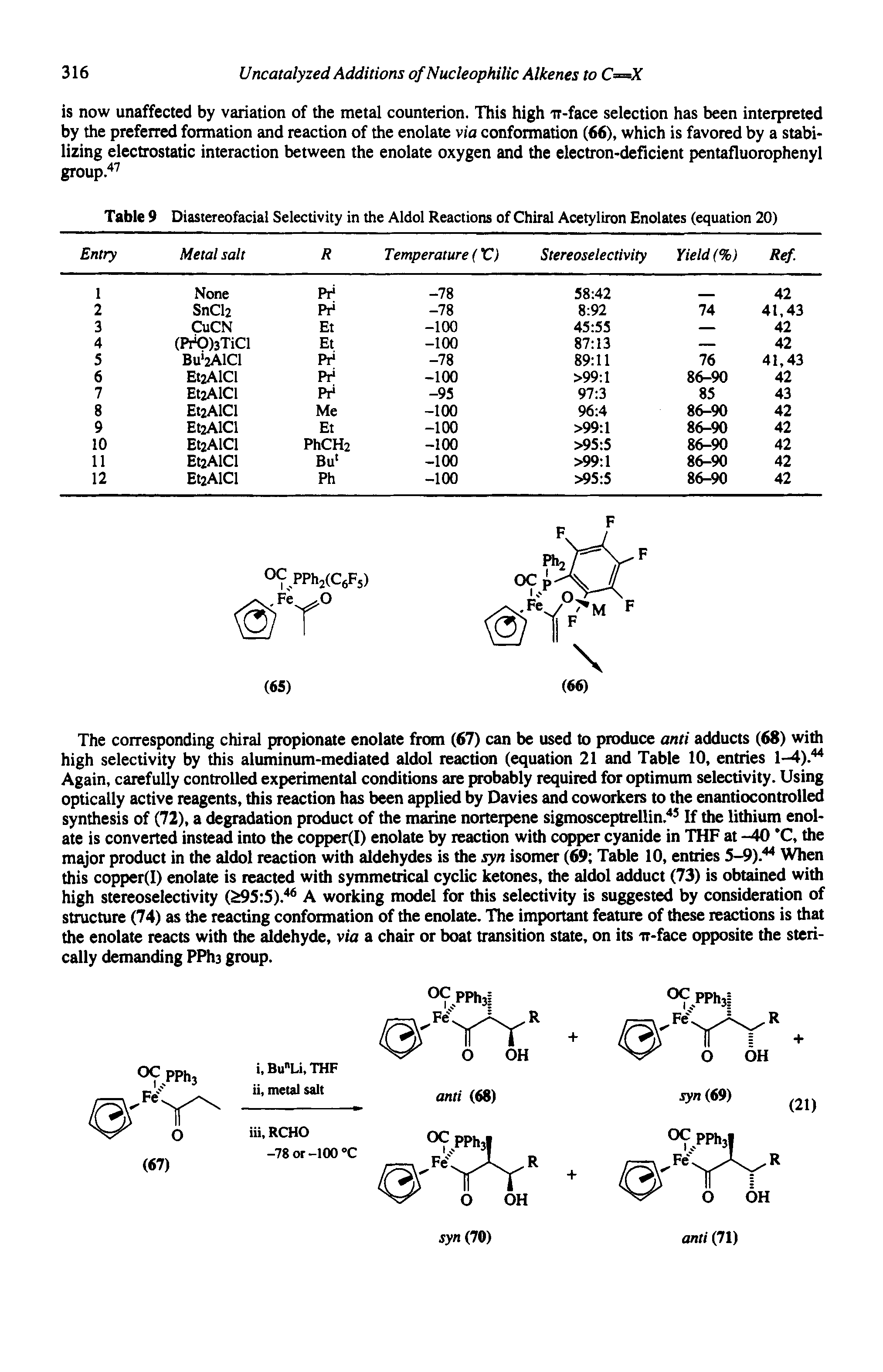Table 9 Diastereofacial Selectivity in the Aldol Reactions of Chiral Acetyliron Enolates (equation 20)...