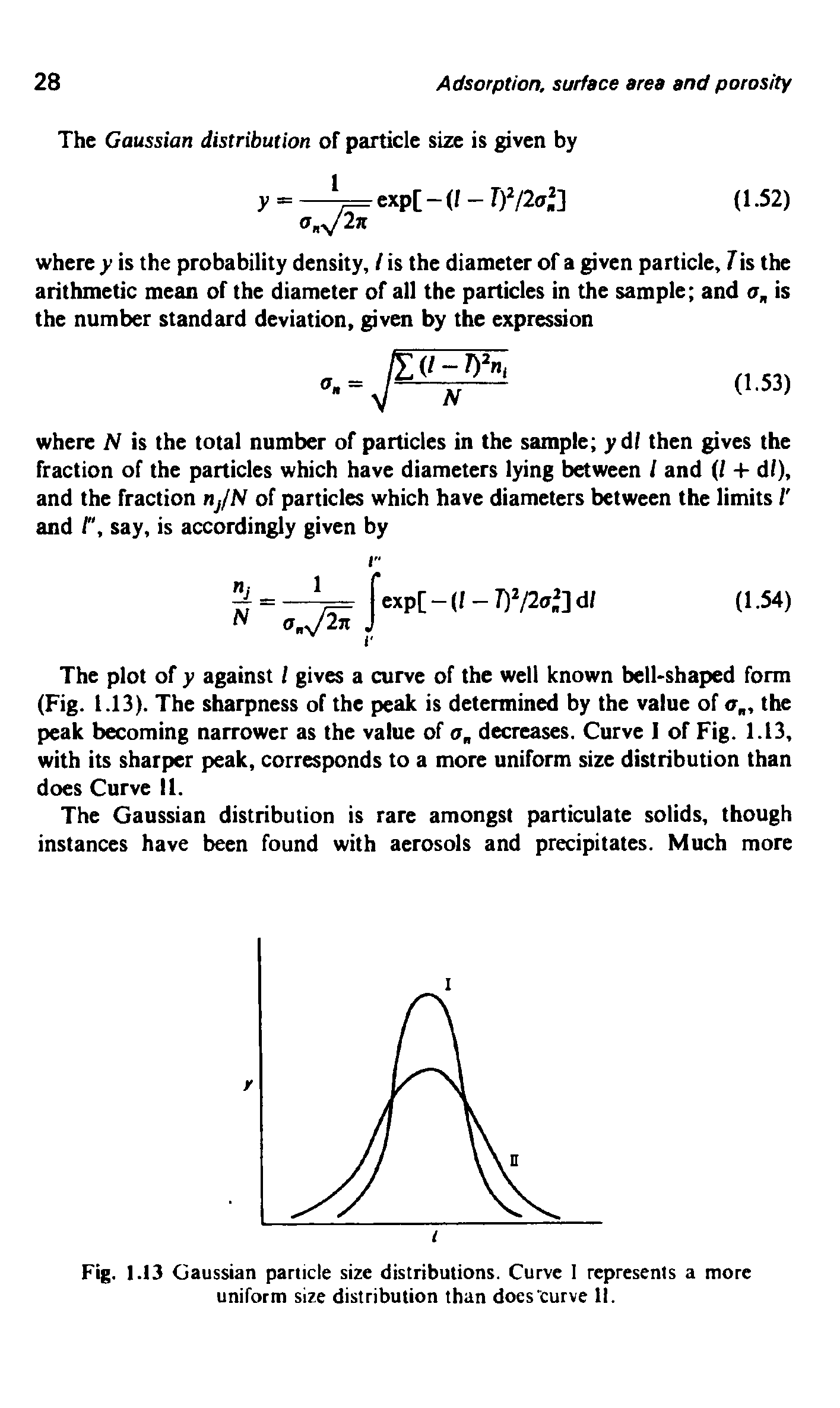 Fig. 1.13 Gaussian particle size distributions. Curve I represents a more uniform size distribution than does Curve II.