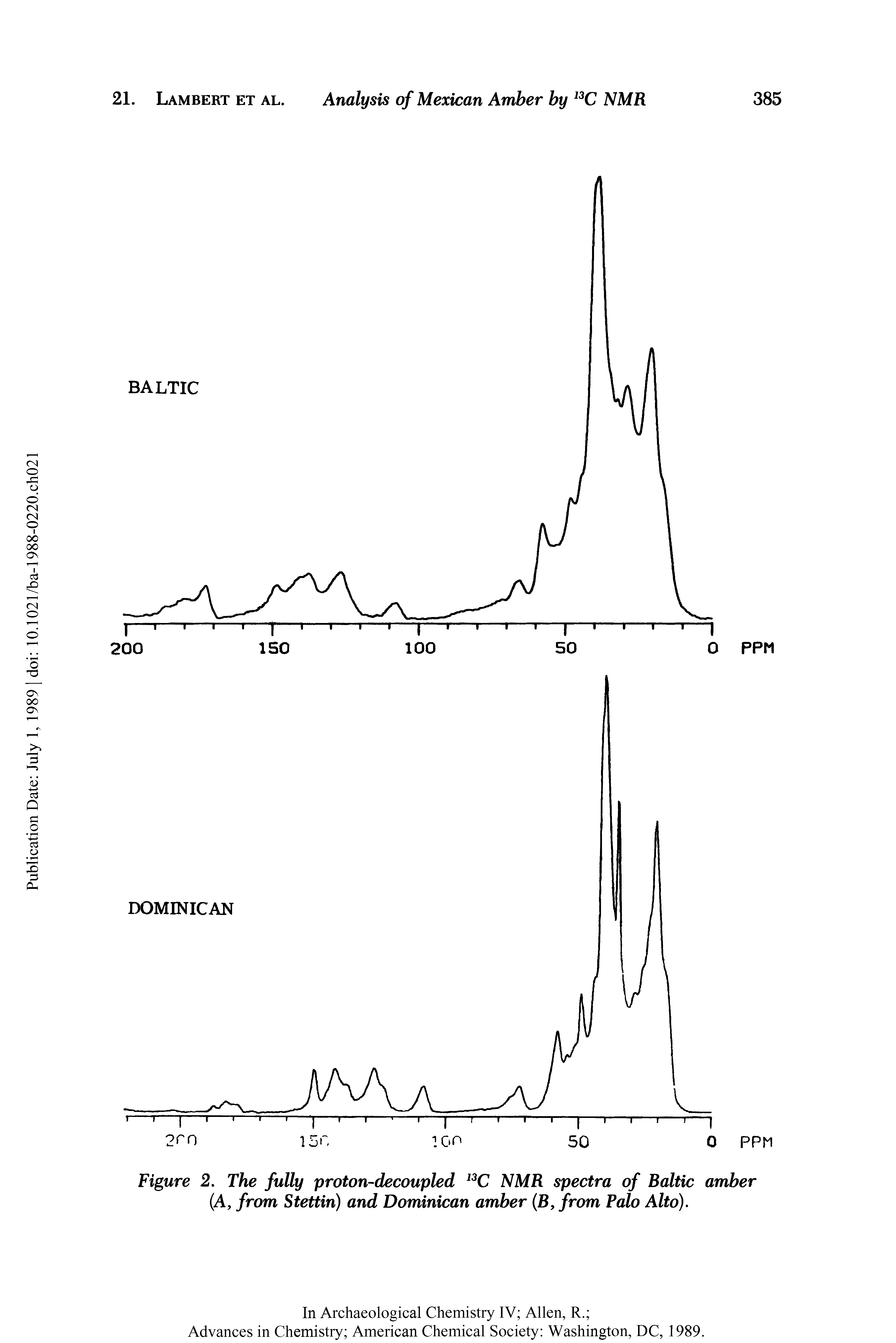 Figure 2. The fully proton-decoupled 13C NMR spectra of Raltic amber (A, from Stettin) and Dominican amber (B, from Palo Alto).
