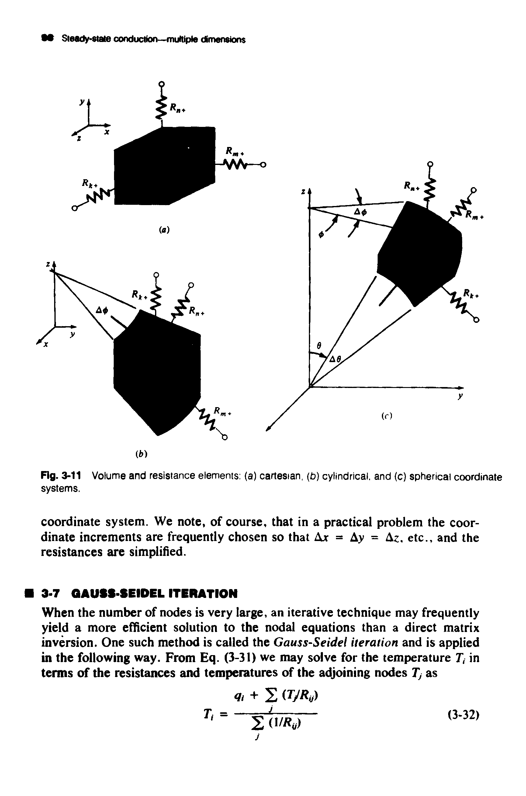 Fig. 3-11 Volume and resistance elements (a) cartesian, (b) cylindrical, and (c) spherical coordinate systems.