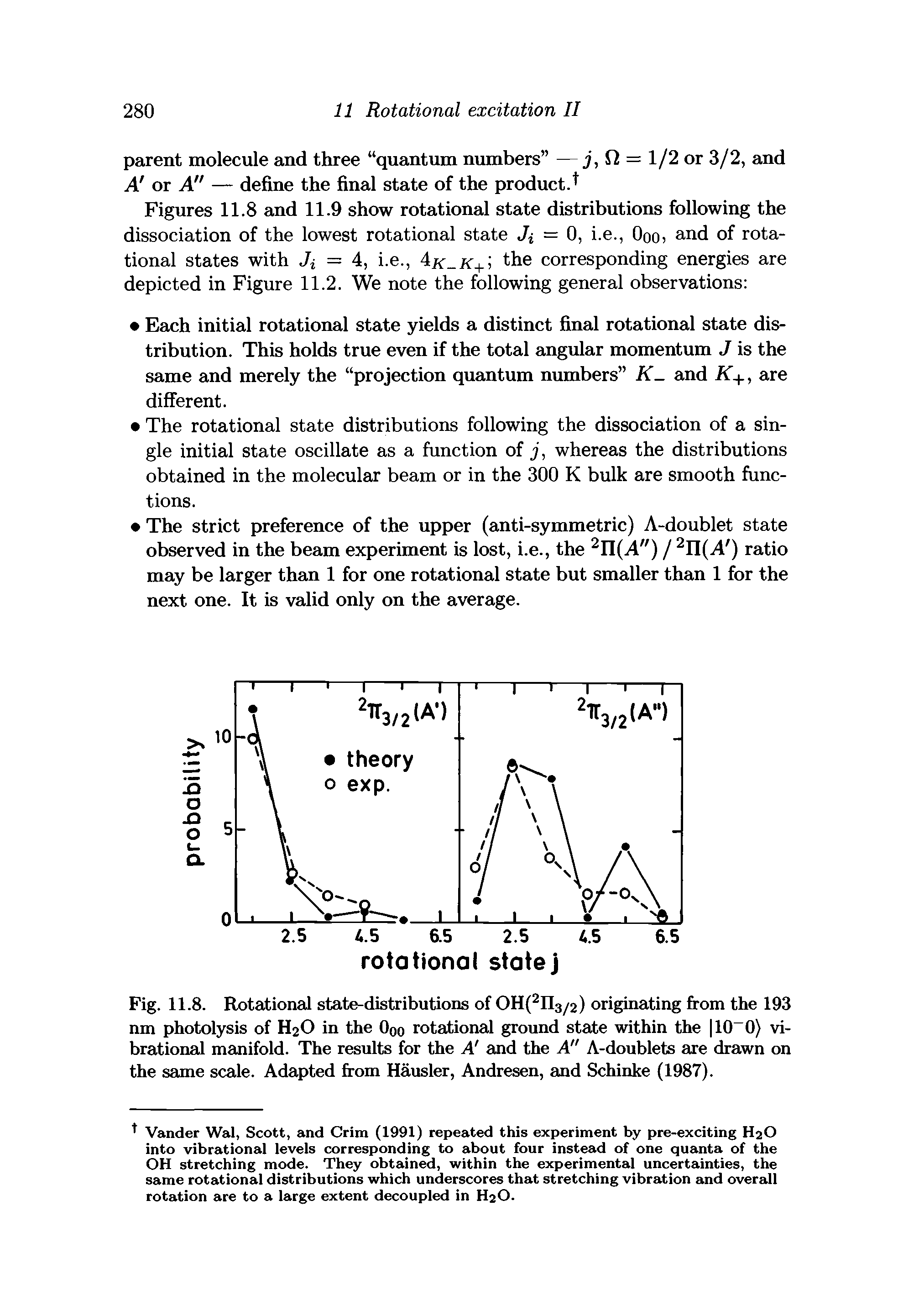 Fig. 11.8. Rotational state-distributions of OH(2n3/2) originating from the 193 nm photolysis of H2O in the Ooo rotational ground state within the 10 0) vibrational manifold. The results for the A and the A" A-doublets are drawn on the same scale. Adapted from Hausler, Andresen, and Schinke (1987).
