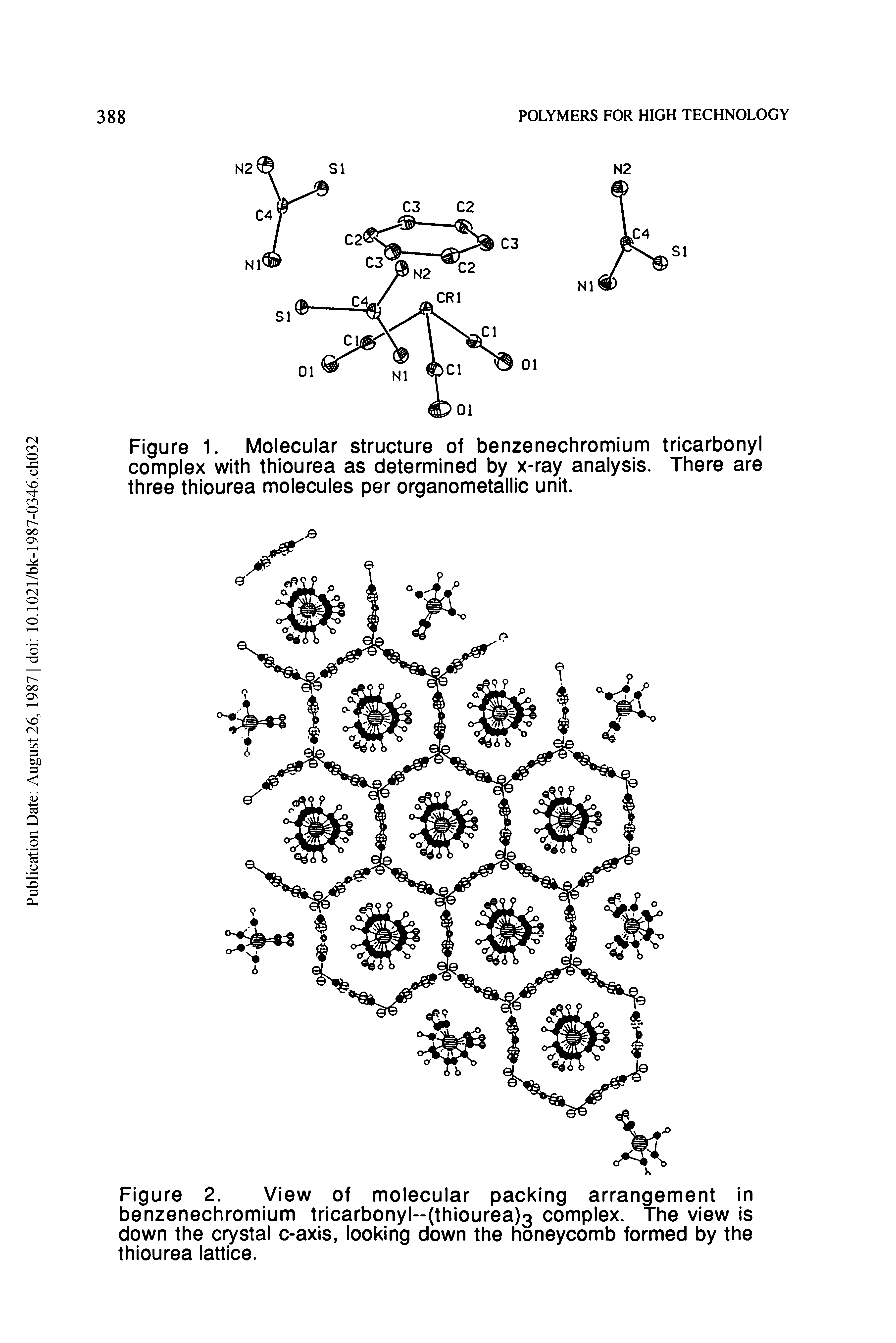 Figure 2. View of molecular packing arrangement in benzenechromium tricarbonyl-(thiourea)3 complex. The view is down the crystal c-axis, looking down the honeycomb formed by the thiourea lattice.