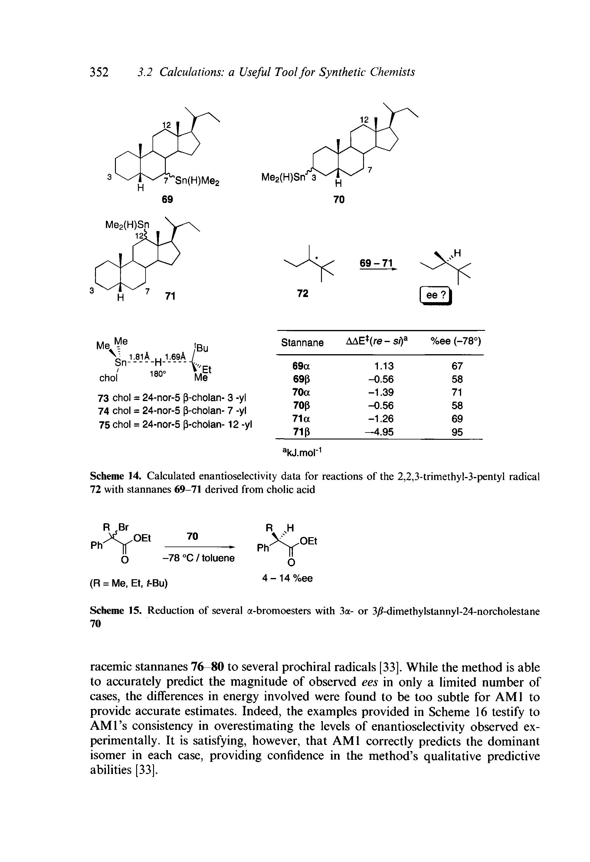 Scheme 14. Calculated enantioselectivity data for reactions of the 2,2,3-trimethyl-3-pentyl radical 72 with stannanes 69-71 derived from cholic acid...