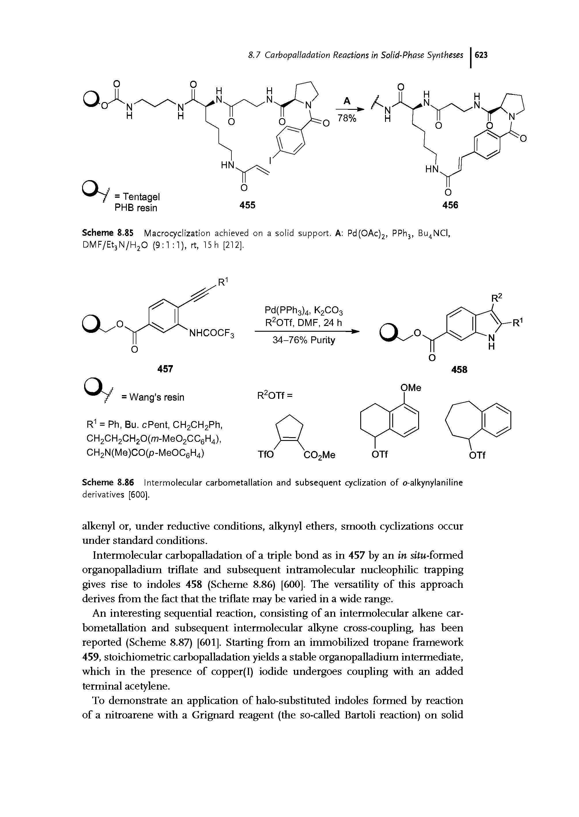 Scheme 8.86 Intermolecular carbometallation and subsequent cyclization of o-alkynylaniline derivatives [500].