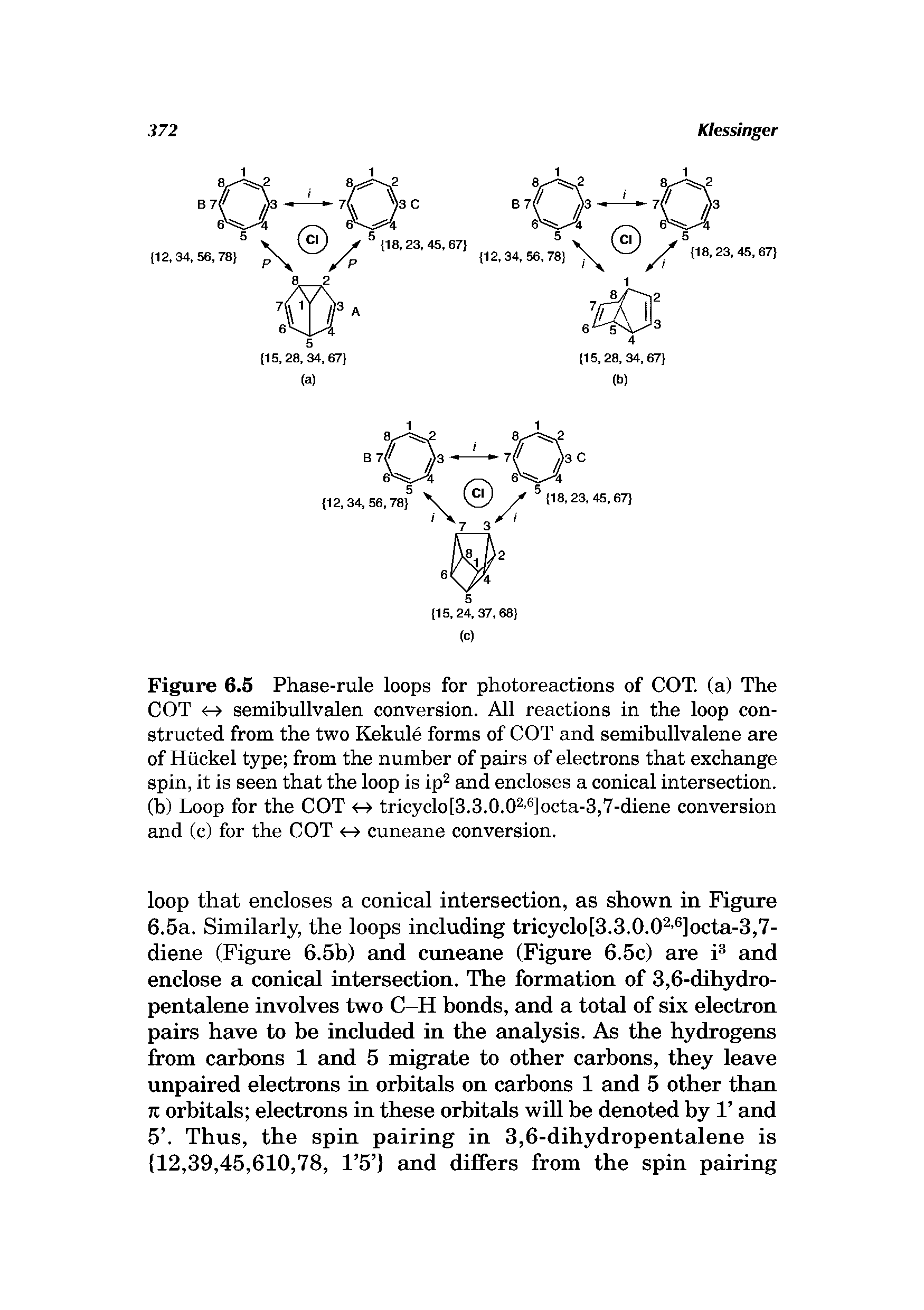 Figure 6.5 Phase-rule loops for photoreactions of COT. (a) The COT o semibullvalen conversion. All reactions in the loop constructed from the two Kekule forms of COT and semibullvalene are of Htickel type from the number of pairs of electrons that exchange spin, it is seen that the loop is ip and encloses a conical intersection, (b) Loop for the COT tricyclo[3.3.0.0 ]octa-3,7-diene conversion...