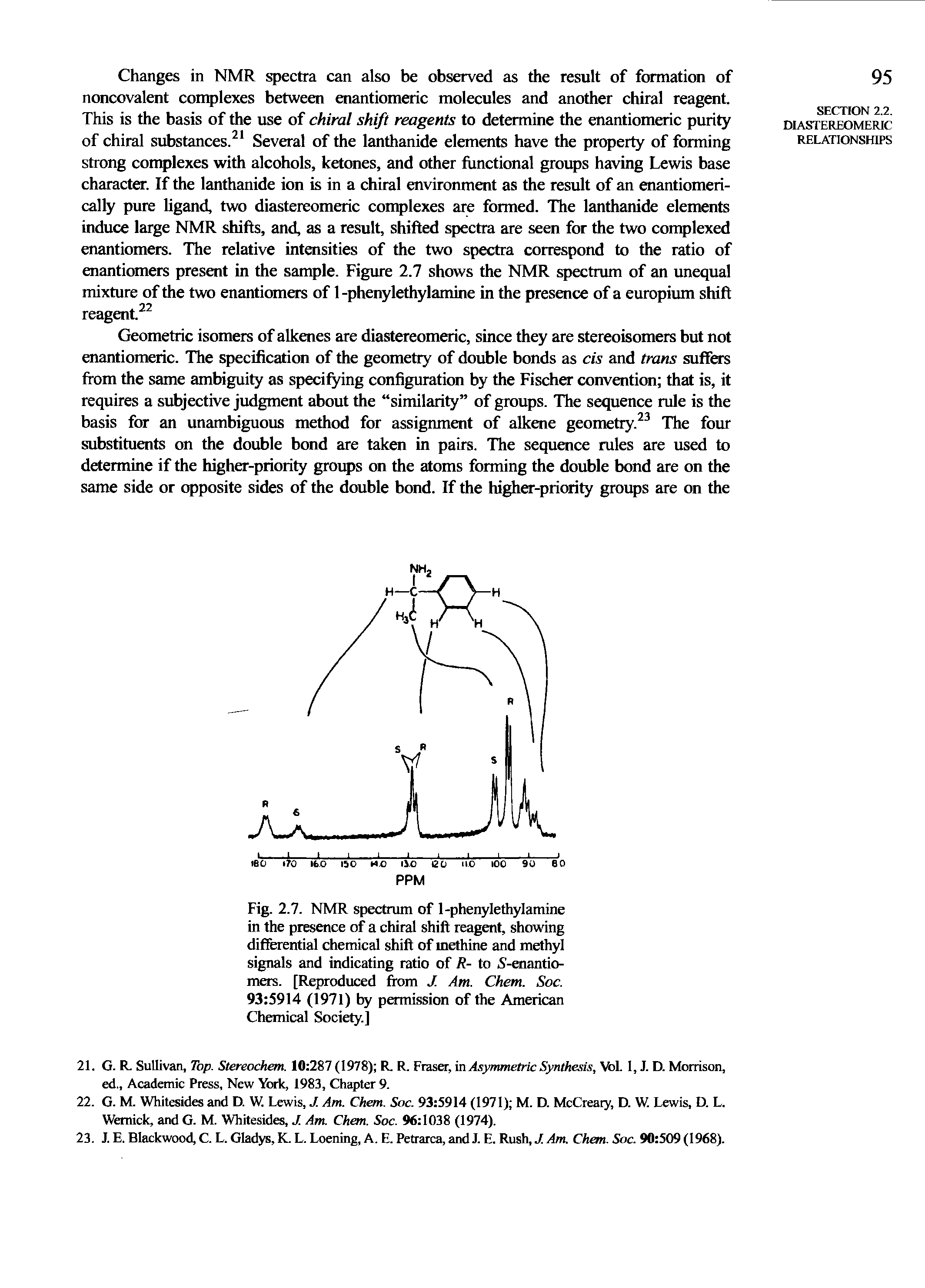 Fig. 2.7. NMR spectrum of 1-phenyIethyIamine in the presence of a chiral shift reagent, showing differential chemical shift of methine and methyl signals and indicating ratio of R- to iS-enantio-mers. [Reproduced from J. Am. Chem. Soc. 93 5914 (1971) by permission of the American Chemical Society.]...