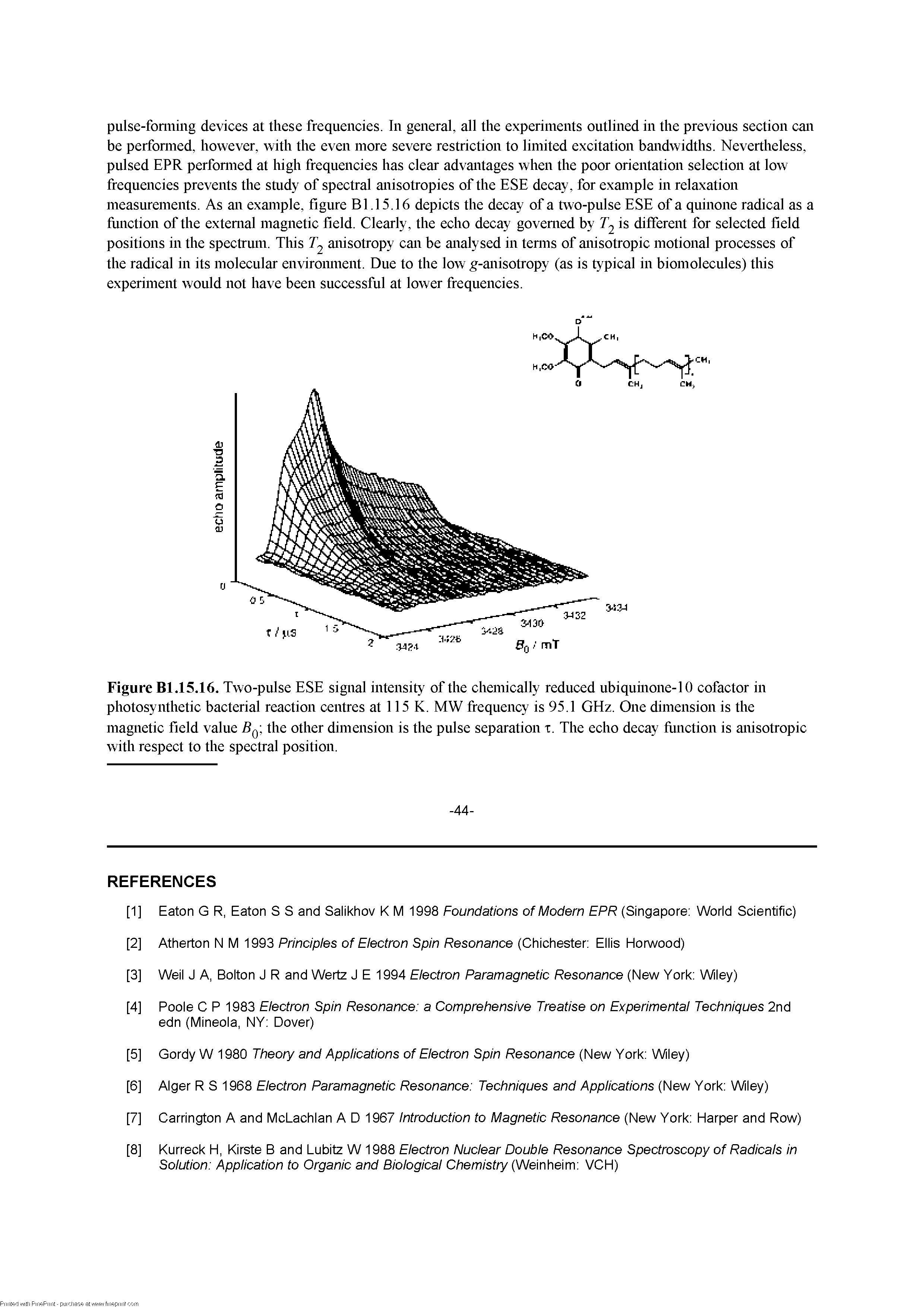 Figure Bl.15.16. Two-pulse ESE signal intensity of the chemically reduced ubiqumone-10 cofactor in photosynthetic bacterial reaction centres at 115 K. MW frequency is 95.1 GHz. One dimension is the magnetic field value Bq, the other dimension is the pulse separation x. The echo decay fiinction is anisotropic with respect to the spectral position.