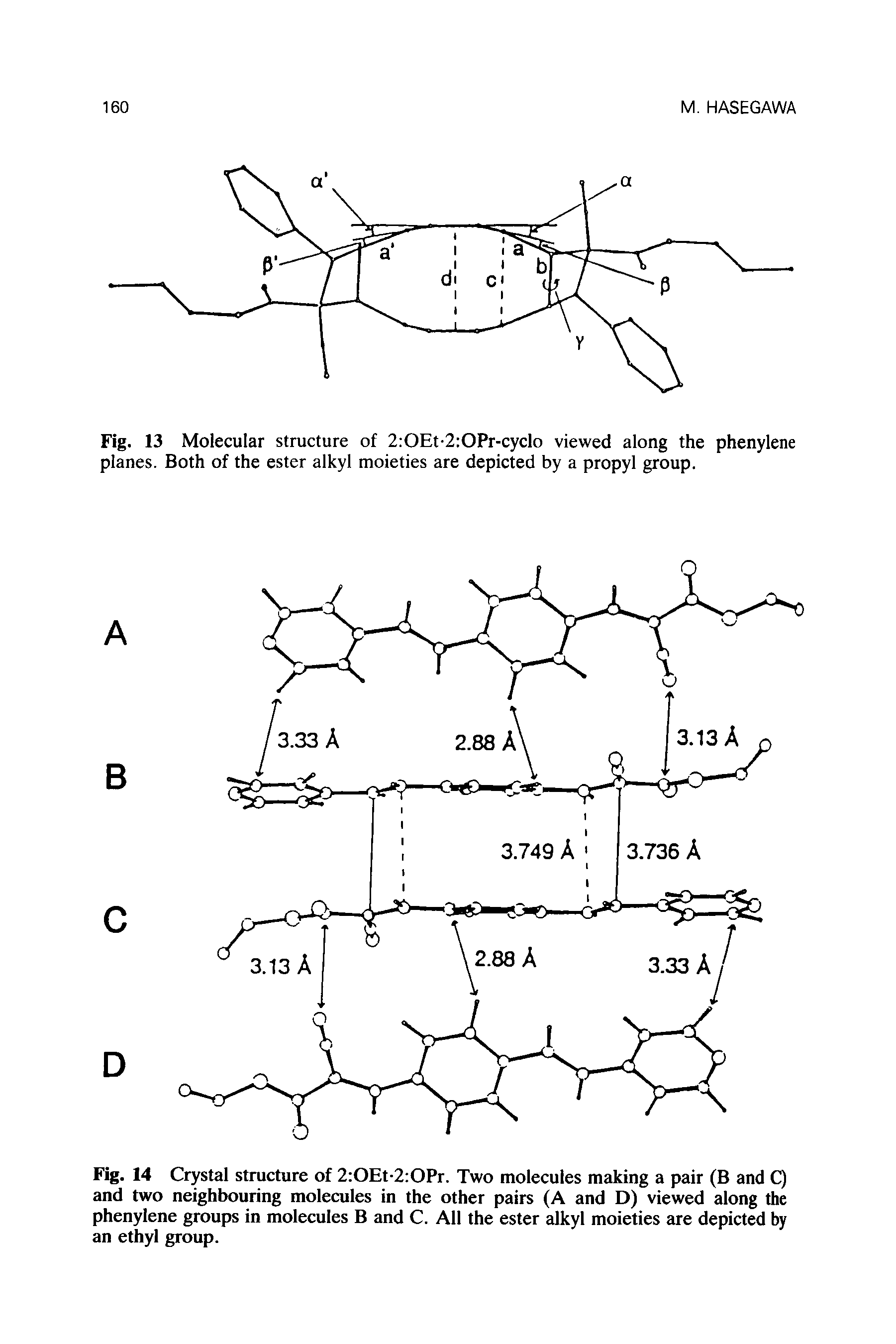 Fig. 14 Crystal structure of 2 OEt-2 OPr. Two molecules making a pair (B and C) and two neighbouring molecules in the other pairs (A and D) viewed along the phenylene groups in molecules B and C. All the ester alkyl moieties are depicted by an ethyl group.