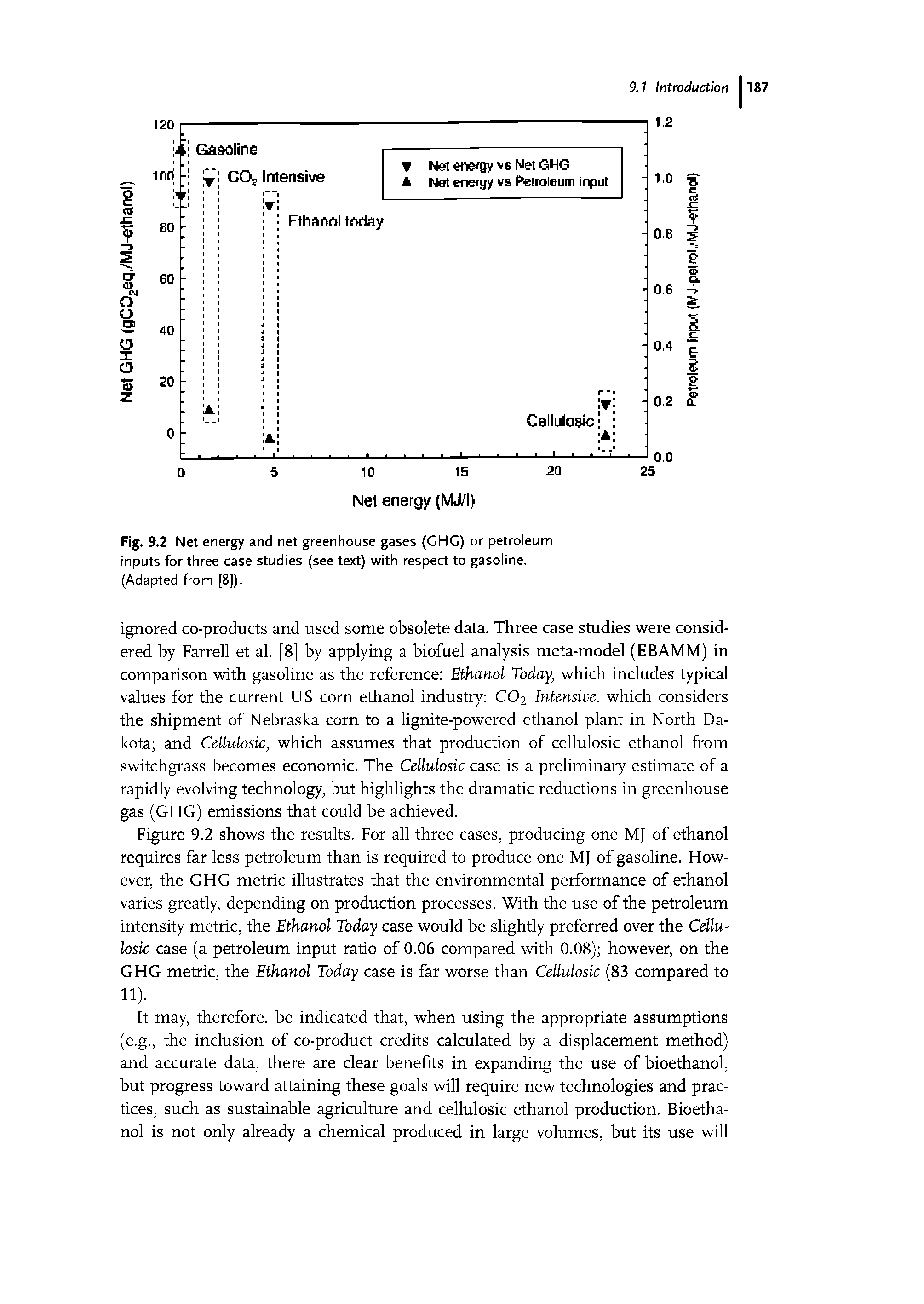 Fig. 9.2 Net energy and net greenhouse gases (GHG) or petroleum inputs for three case studies (see text) with respect to gasoline.
