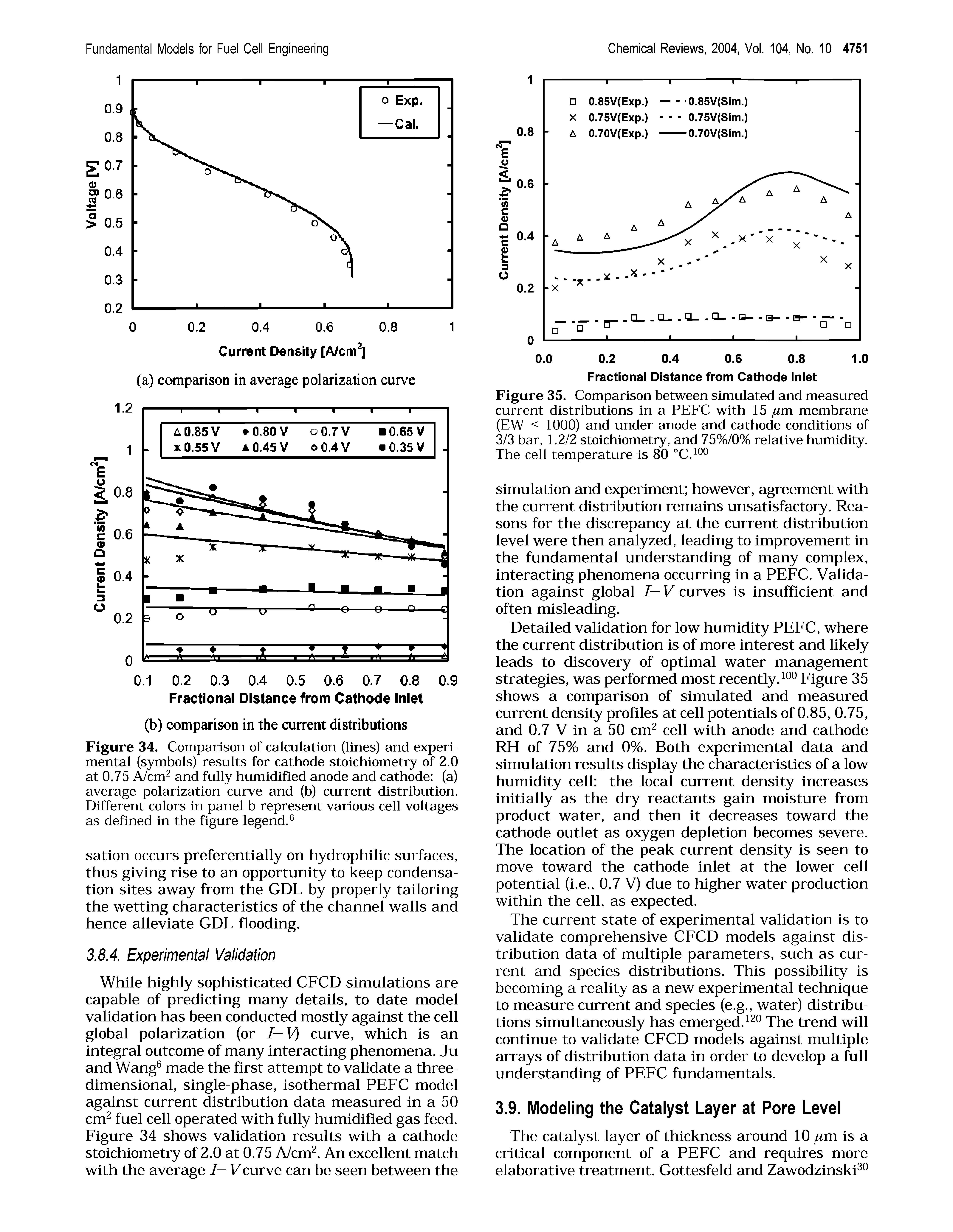 Figure 34. Comparison of calculation (lines) and experimental (symbols) results for cathode stoichiometry of 2.0 at 0.75 A/cm and fully humidified anode and cathode (a) average polarization curve and (b) current distribution. Different colors in panel b represent various cell voltages as defined in the figure legend. ...