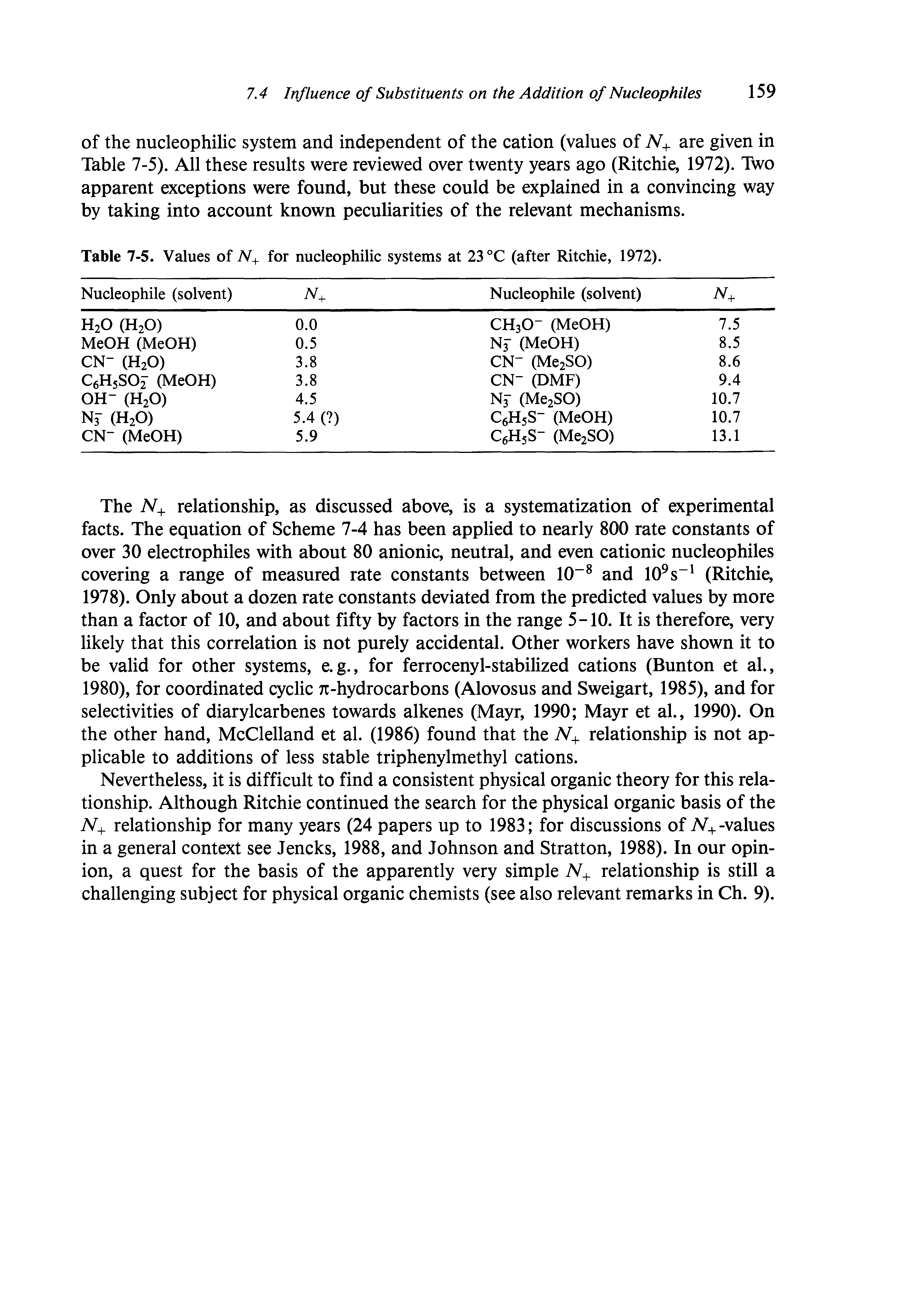 Table 7-5. Values of N+ for nucleophilic systems at 23 °C (after Ritchie, 1972).