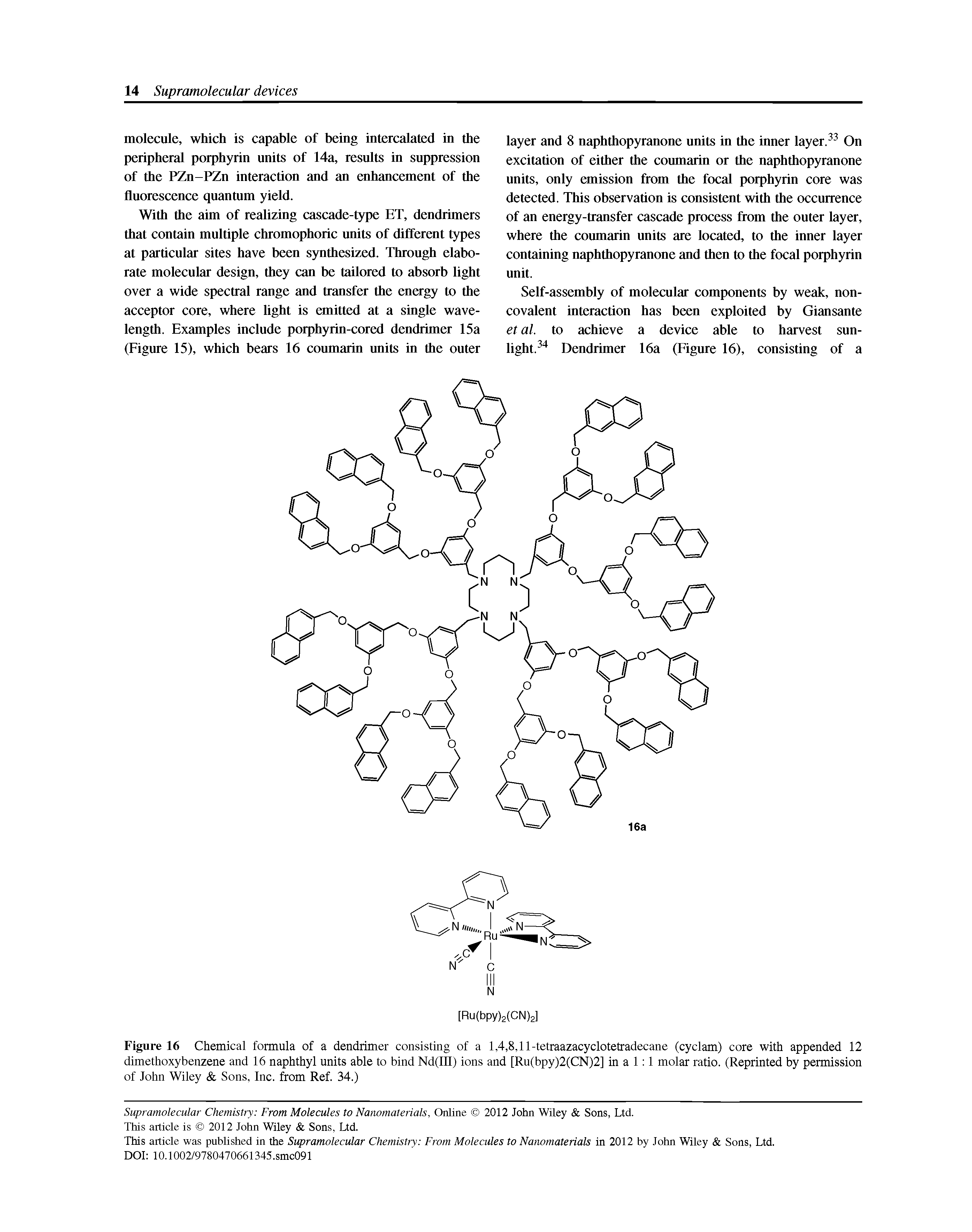 Figure 16 Chemical formula of a dendrimer consisting of a 1,4,8,11-tetraazacyclotetradecane (cyclam) core with appended 12 dimethoxybenzene and 16 naphthyl units able to bind Nd(III) ions and [Ru(bpy)2(CN)2] in a 1 1 molar ratio. (Reprinted by permission of John Wiley Sons, Inc. from Ref. 34.)...