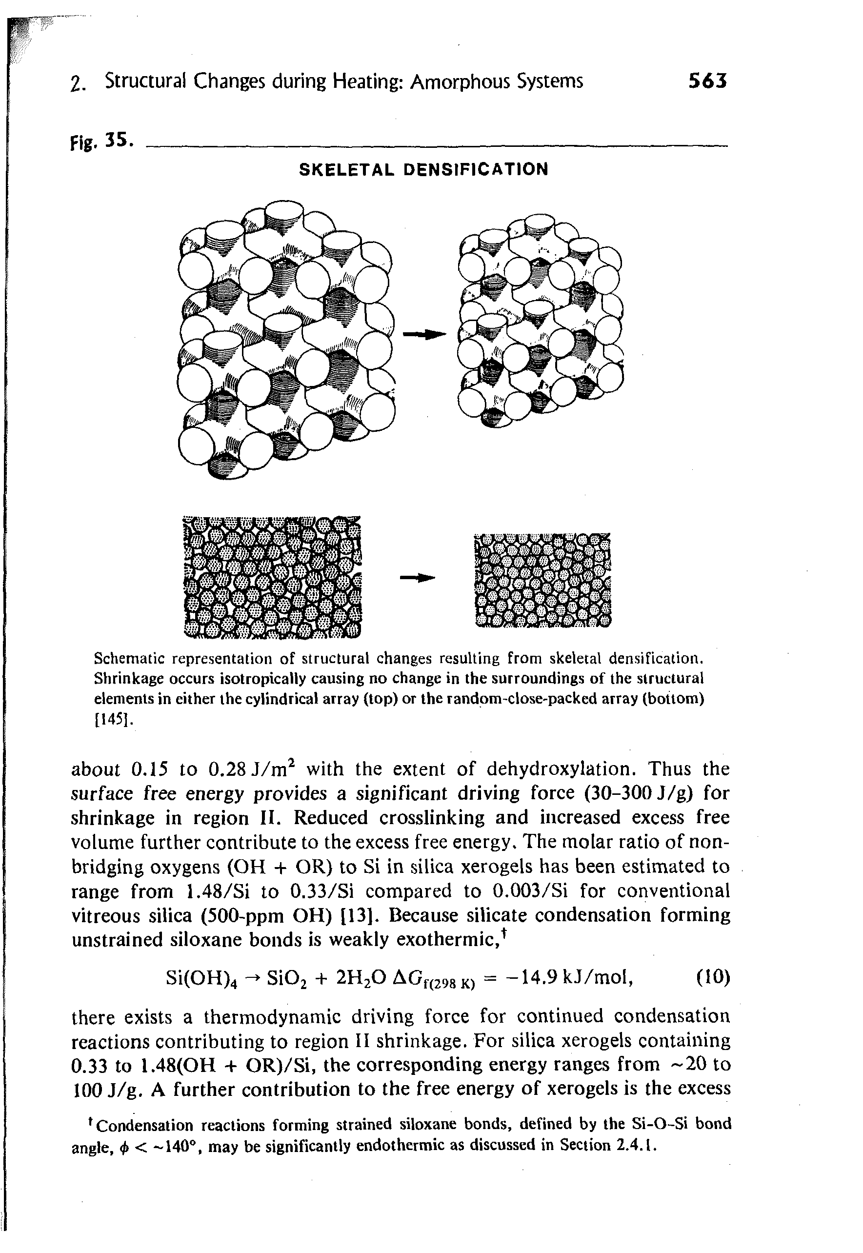 Schematic representation of structural changes resulting from skeletal densification. Shrinkage occurs isotropically causing no change in the surroundings of the structural elements in either the cylindrical array (top) or the random-close-packed array (bottom) [1451.
