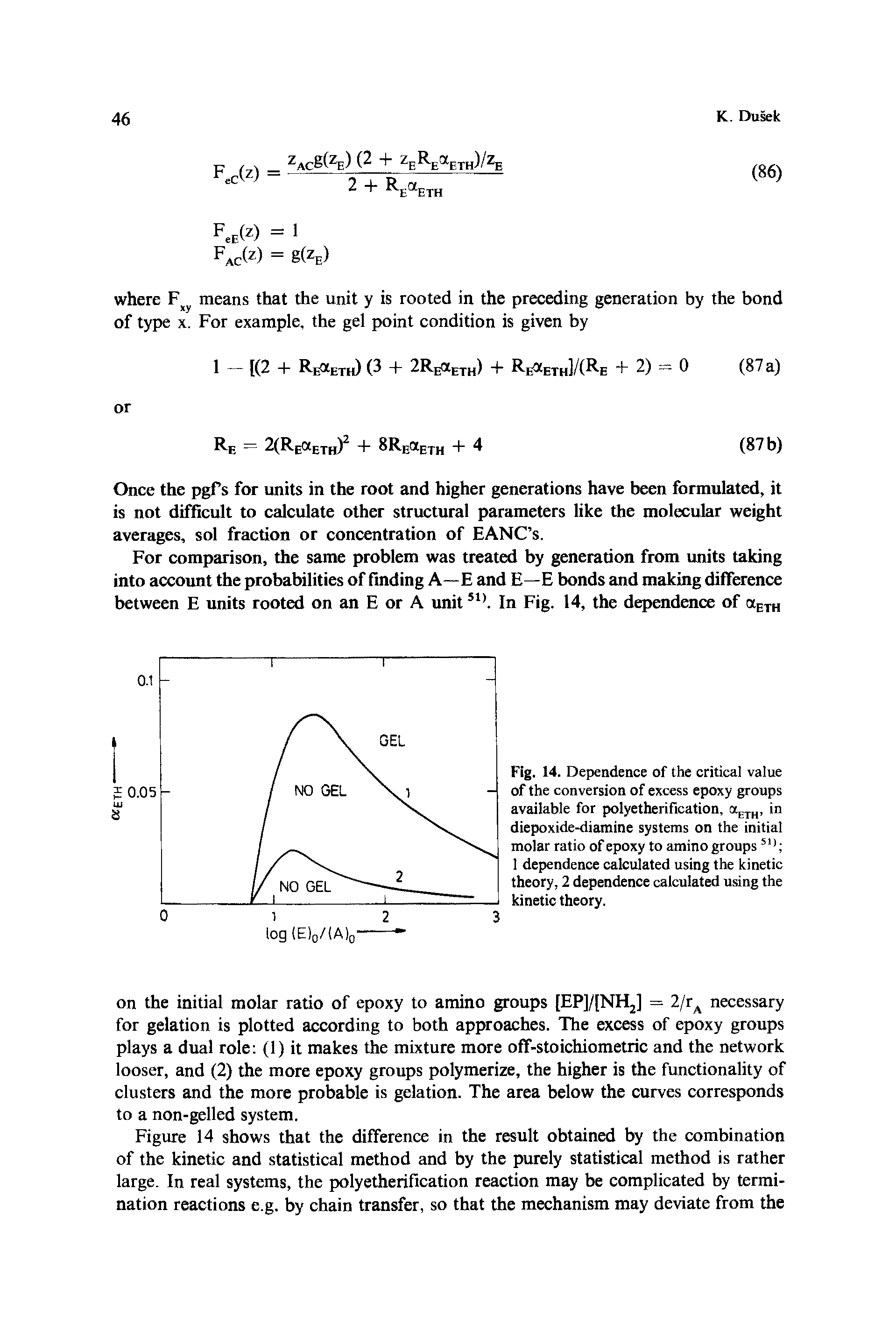 Fig. 14. Dependence of the critical value of the conversion of excess epoxy groups available for polyetherification, in diepoxide-diamine systems on the initial molar ratio of epoxy to amino groups 1 dependence calculated using the kinetic theory, 2 dependence calculated using the kinetic theory.