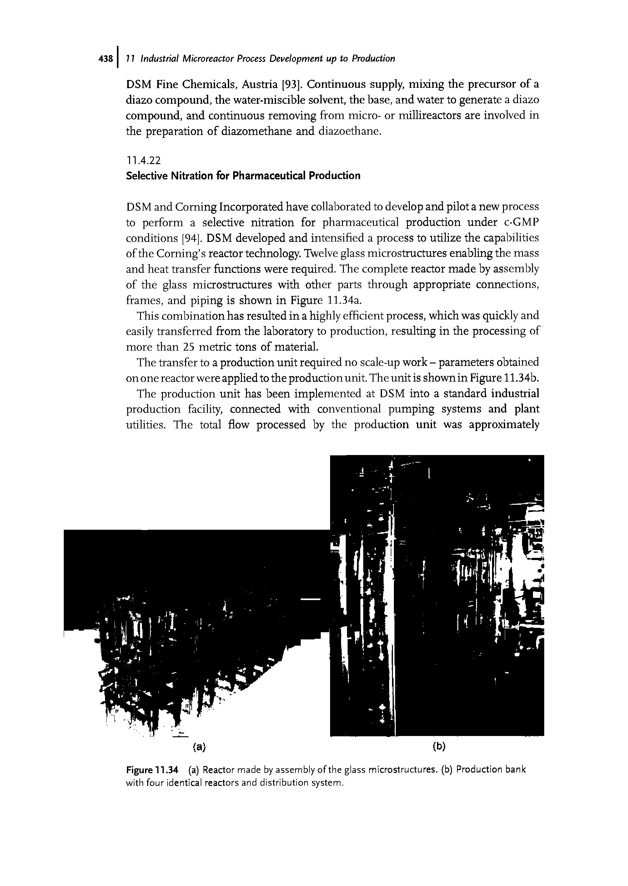 Figure11.34 (a) Reactor made by assembly of the glass microstructures, (b) Production bank with four identical reactors and distribution system.