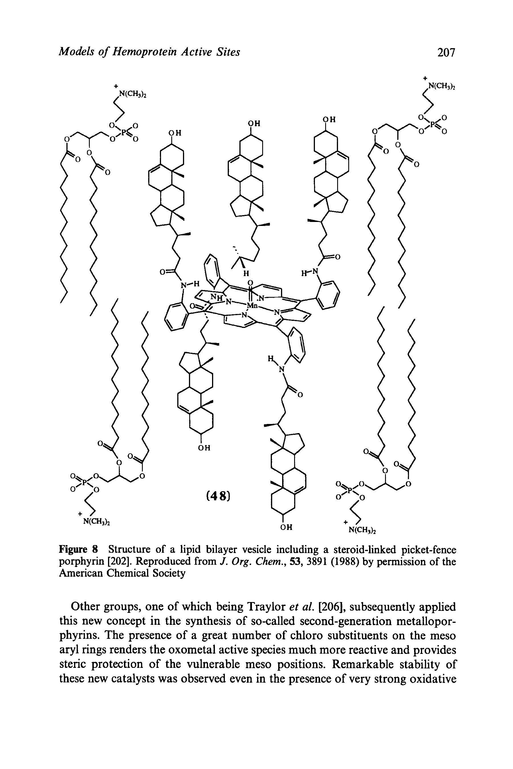 Figure 8 Structure of a lipid bilayer vesicle including a steroid-linked picket-fence porphyrin [202], Reproduced from J. Org. Chem., 53, 3891 (1988) by permission of the American Chemical Society...