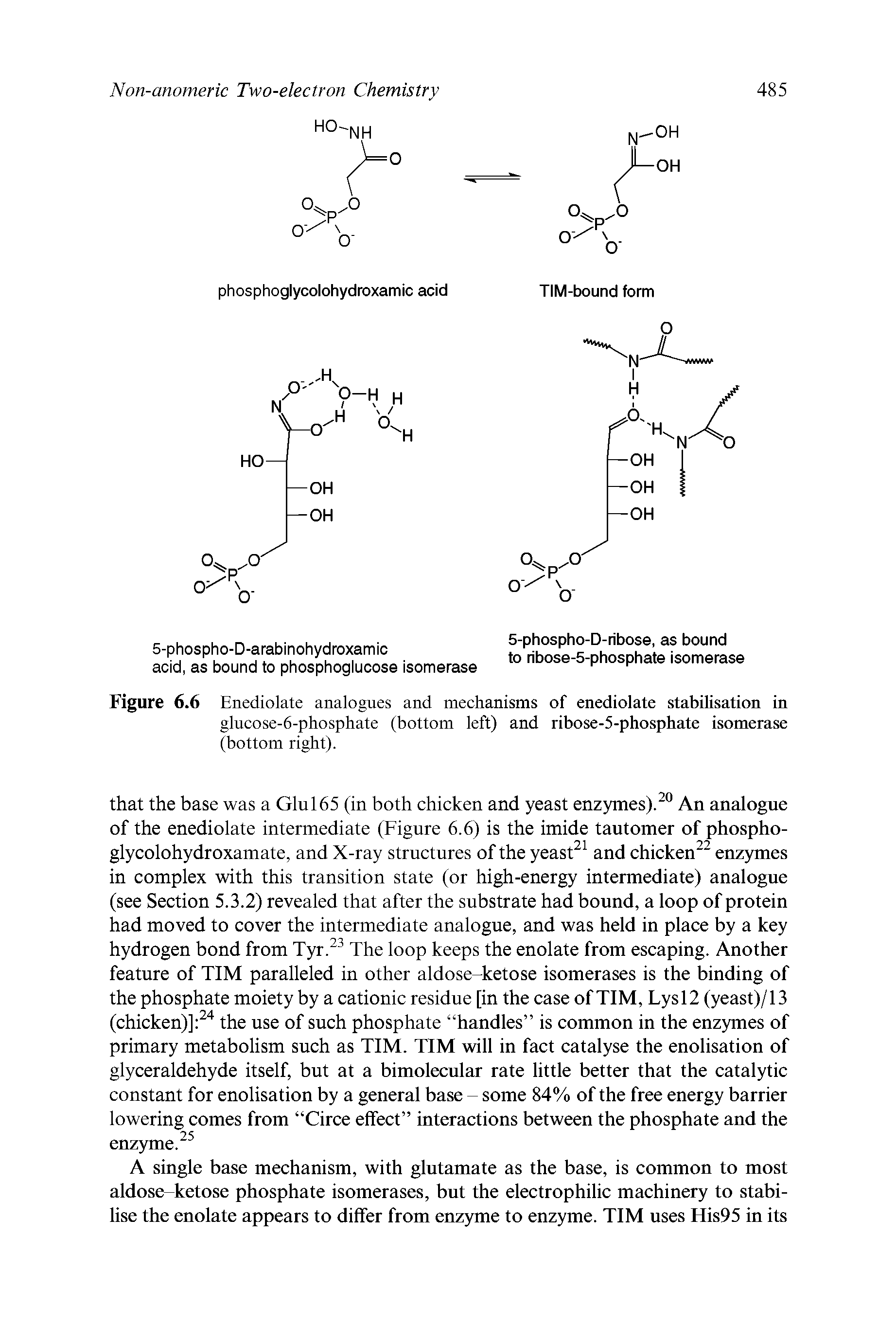 Figure 6.6 Enediolate analogues and mechanisms of enediolate stabilisation in glucose-6-phosphate (bottom left) and ribose-5-phosphate isomerase (bottom right).