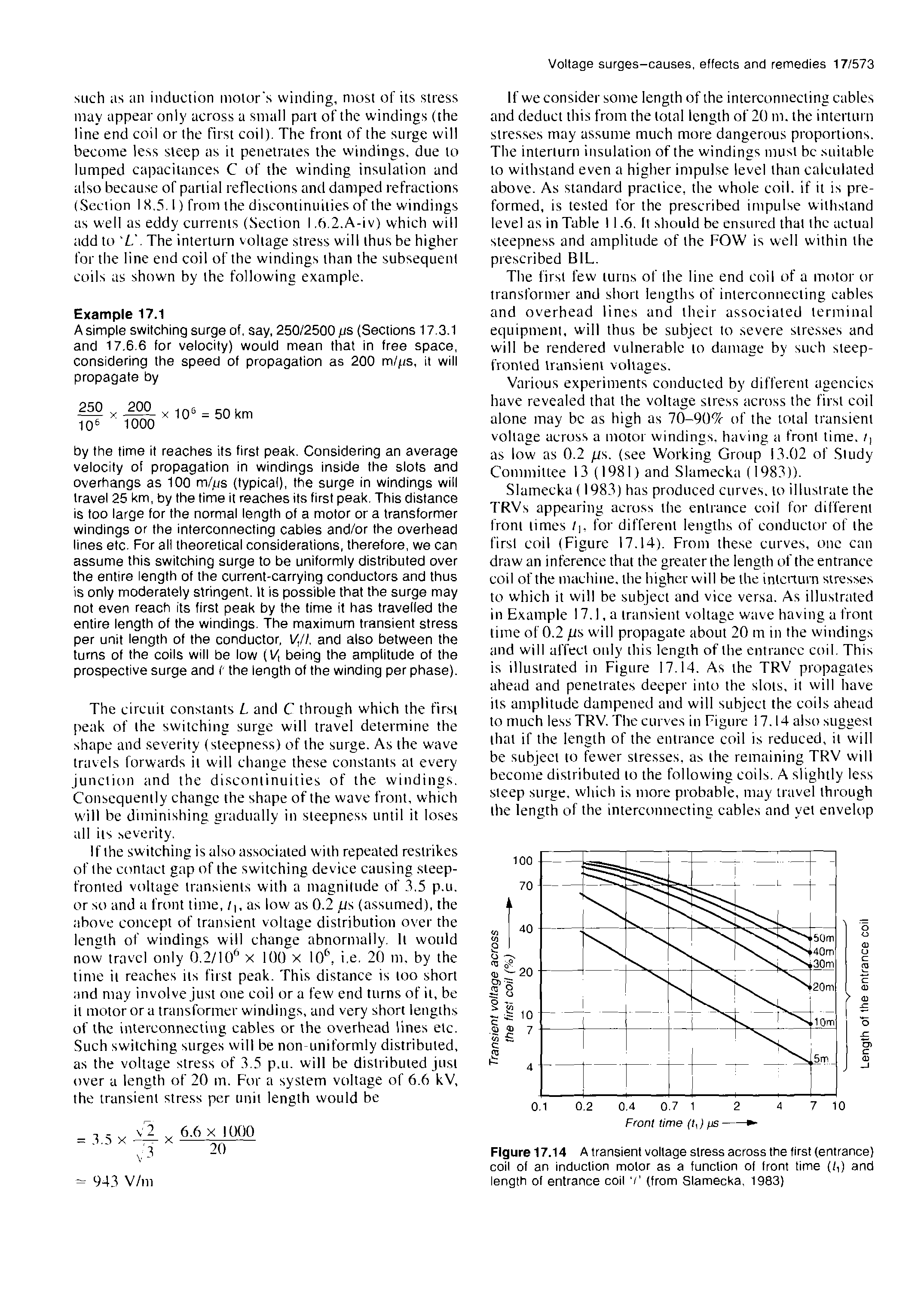 Figure 17.14 A transient voltage stress across the first (entrance) coil of an induction motor as a function of front time (/,) and length of entrance coil (from Slamecka, 1983)...